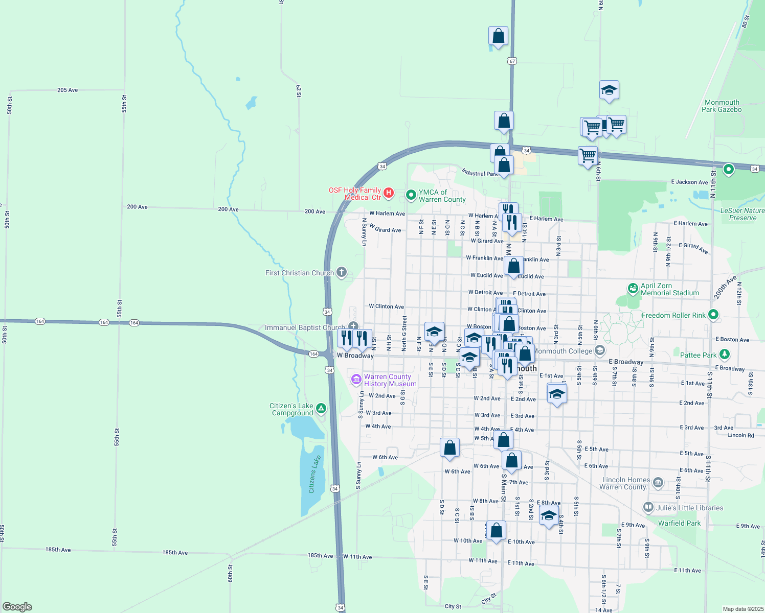 map of restaurants, bars, coffee shops, grocery stores, and more near 948 W Clinton Ave in Monmouth