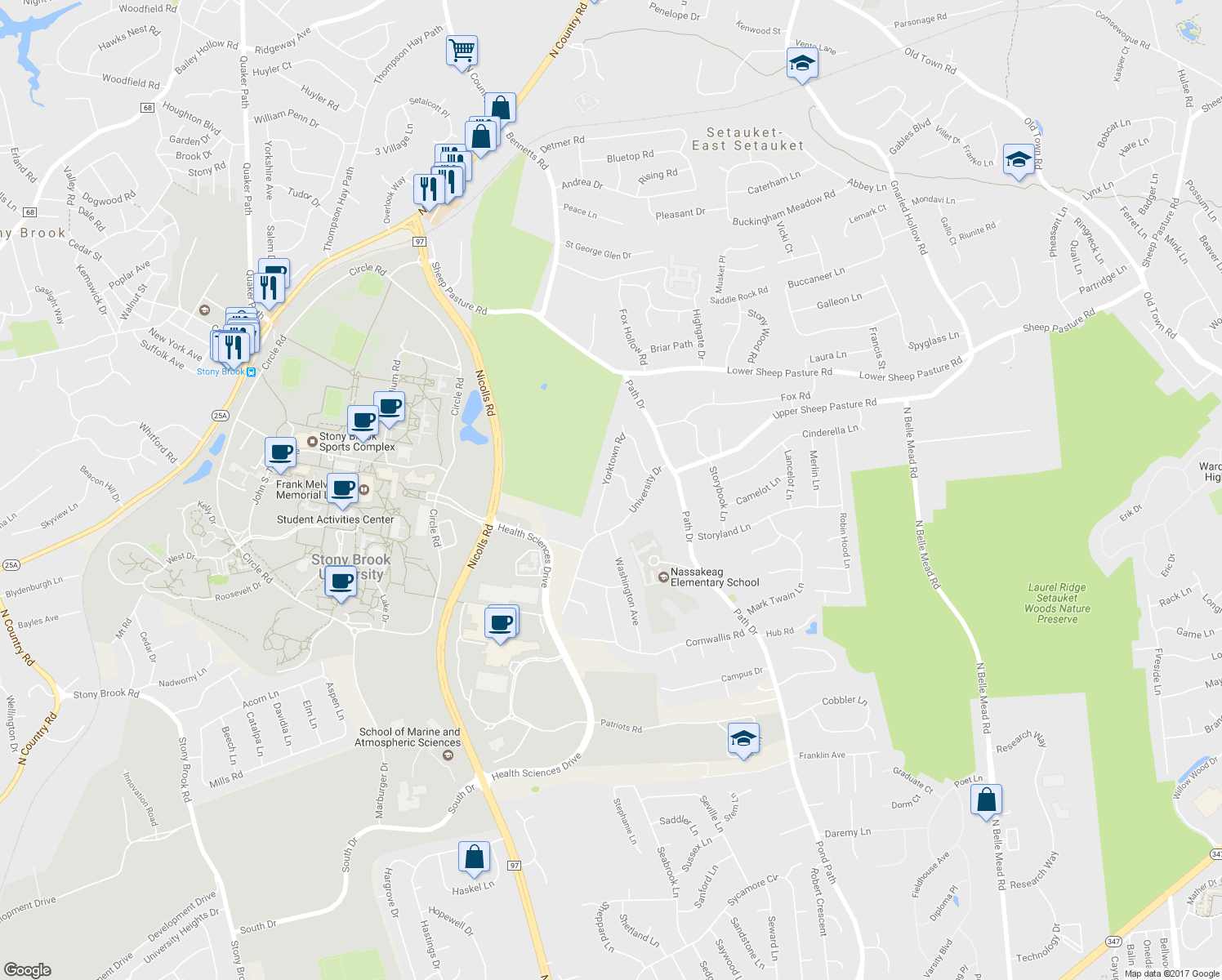 map of restaurants, bars, coffee shops, grocery stores, and more near 25 Yorktown Road in Setauket- East Setauket