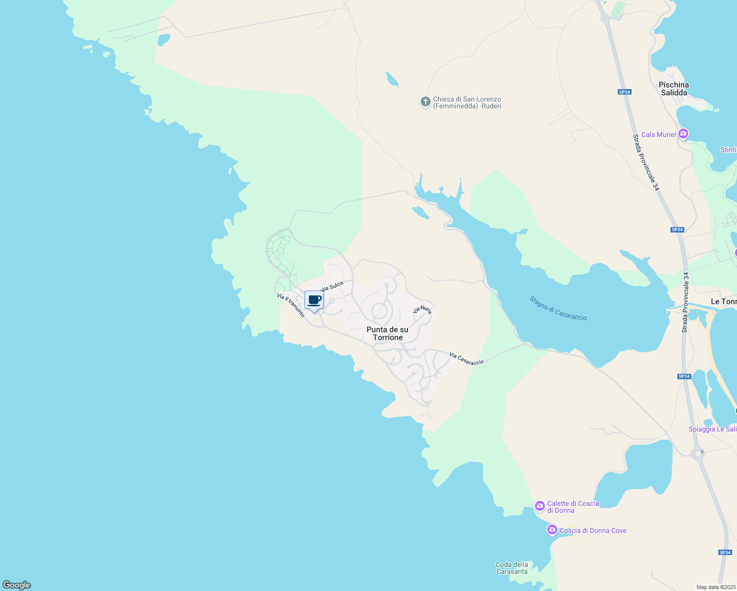 map of restaurants, bars, coffee shops, grocery stores, and more near Via Limbara in Punta de Su Turrione