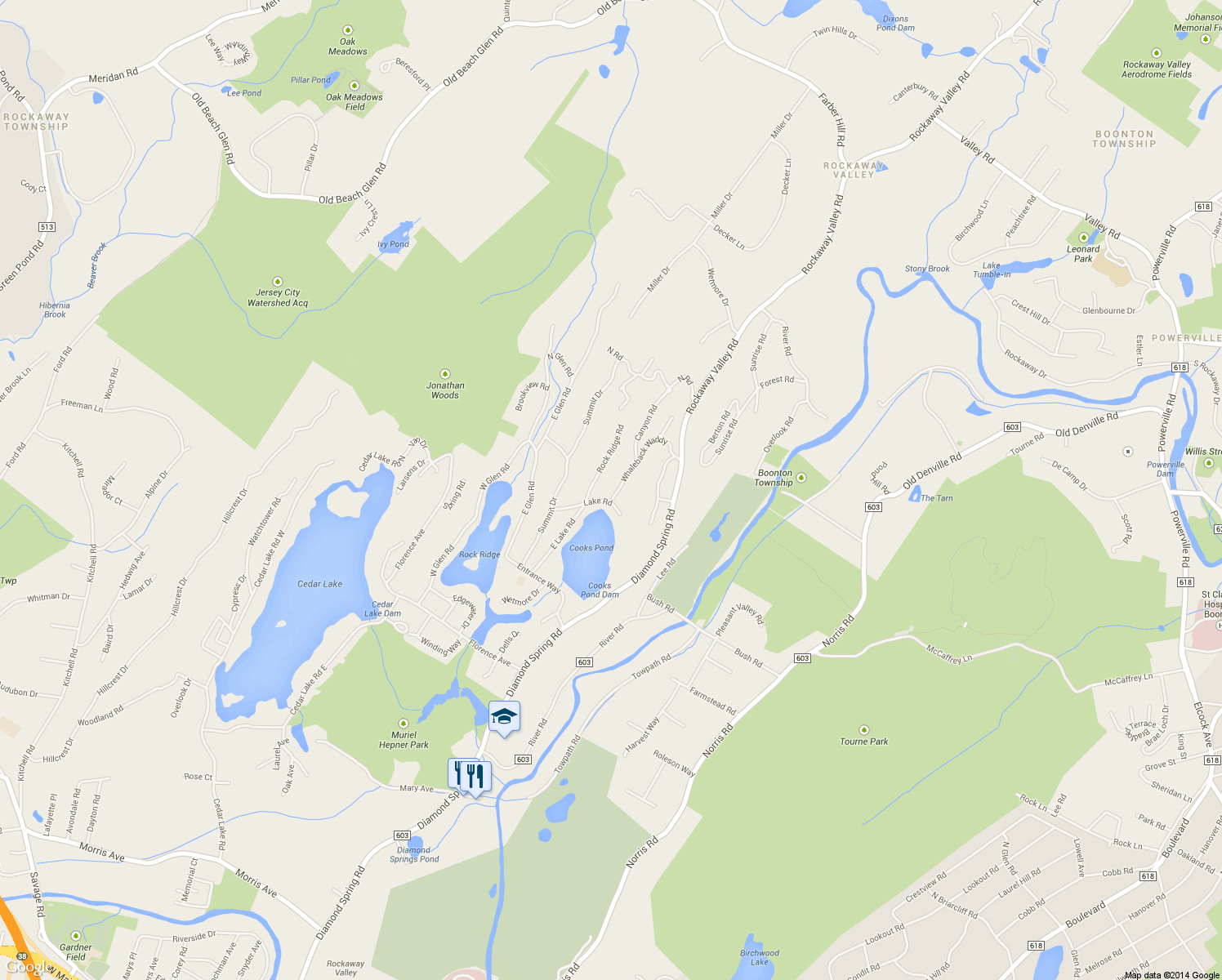 map of restaurants, bars, coffee shops, grocery stores, and more near 5 Whaleback Waddy in Denville