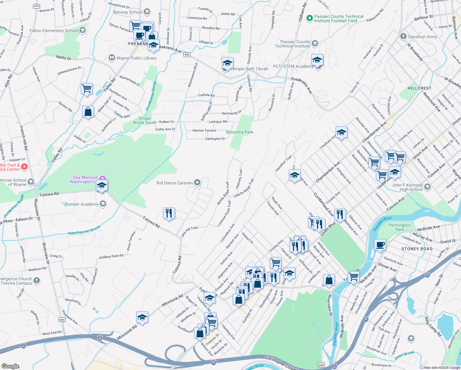map of restaurants, bars, coffee shops, grocery stores, and more near 30 Battle Ridge Trail in Totowa