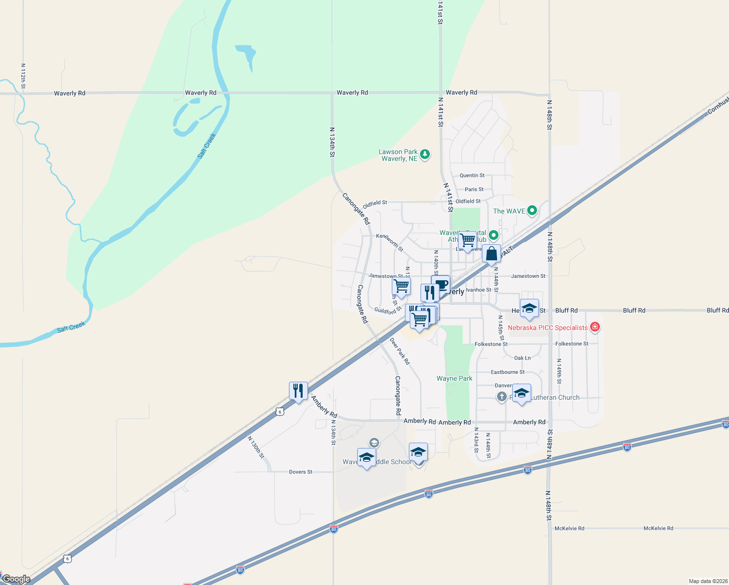map of restaurants, bars, coffee shops, grocery stores, and more near 10611 North 135th Street in Waverly