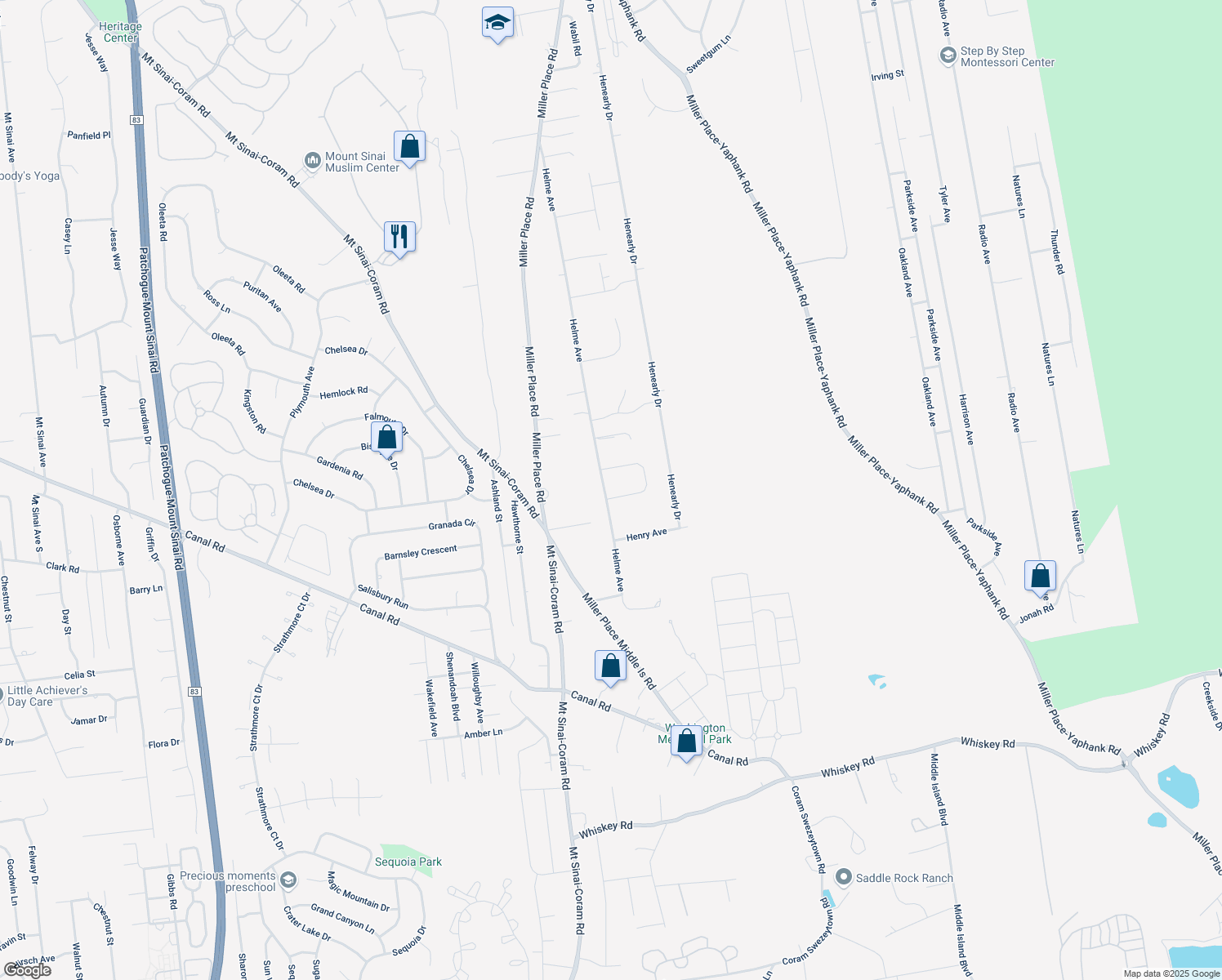 map of restaurants, bars, coffee shops, grocery stores, and more near 1 Old Orchard Way in Miller Place