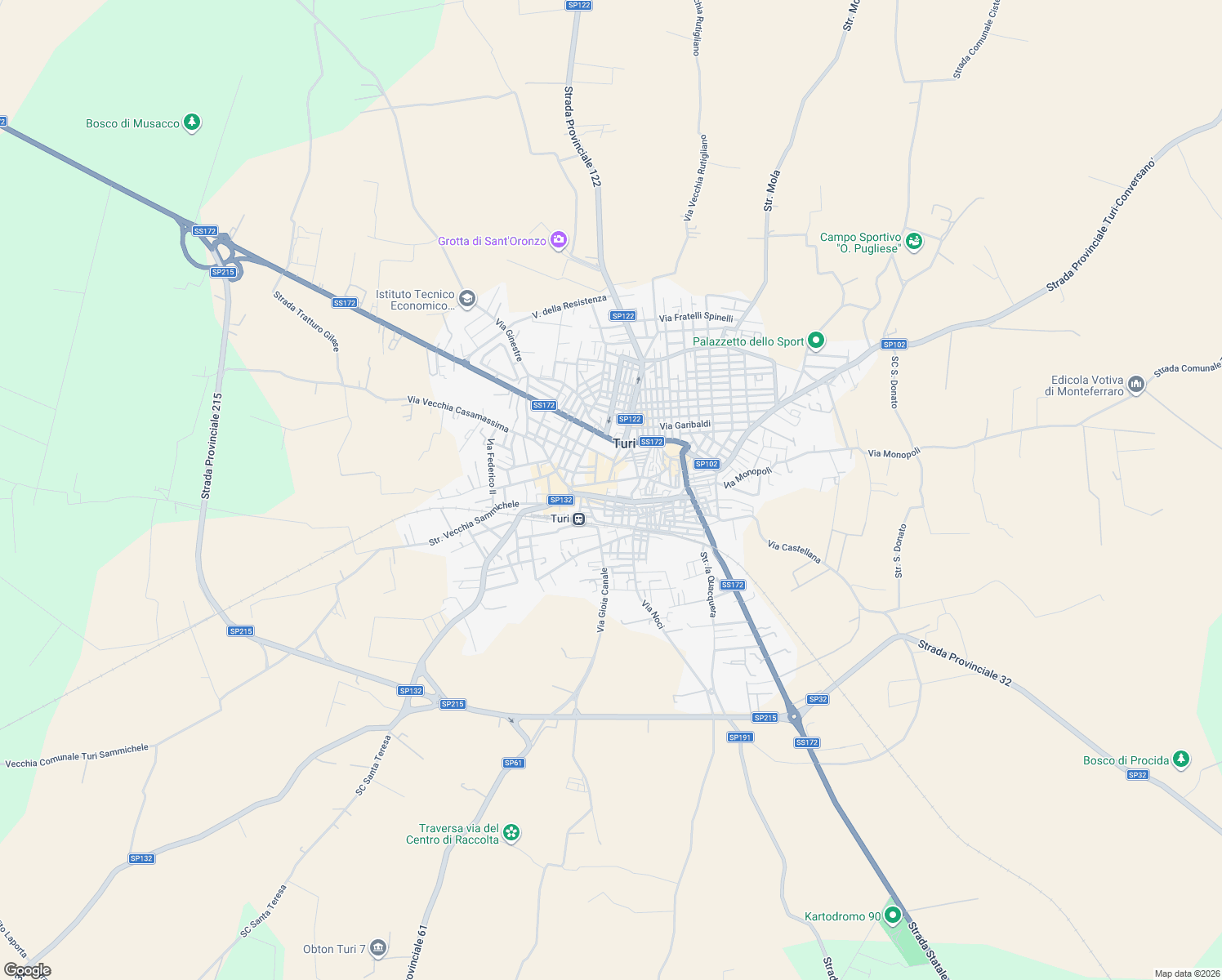 map of restaurants, bars, coffee shops, grocery stores, and more near 9 Via Tito Aceto in Turi