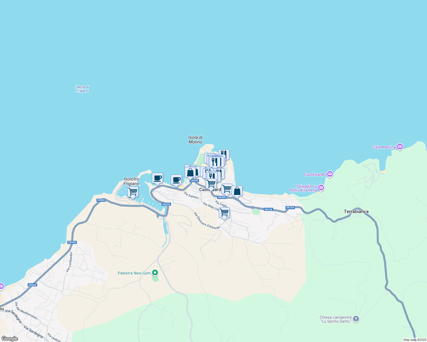 map of restaurants, bars, coffee shops, grocery stores, and more near 2020 Via Bastione in Castelsardo