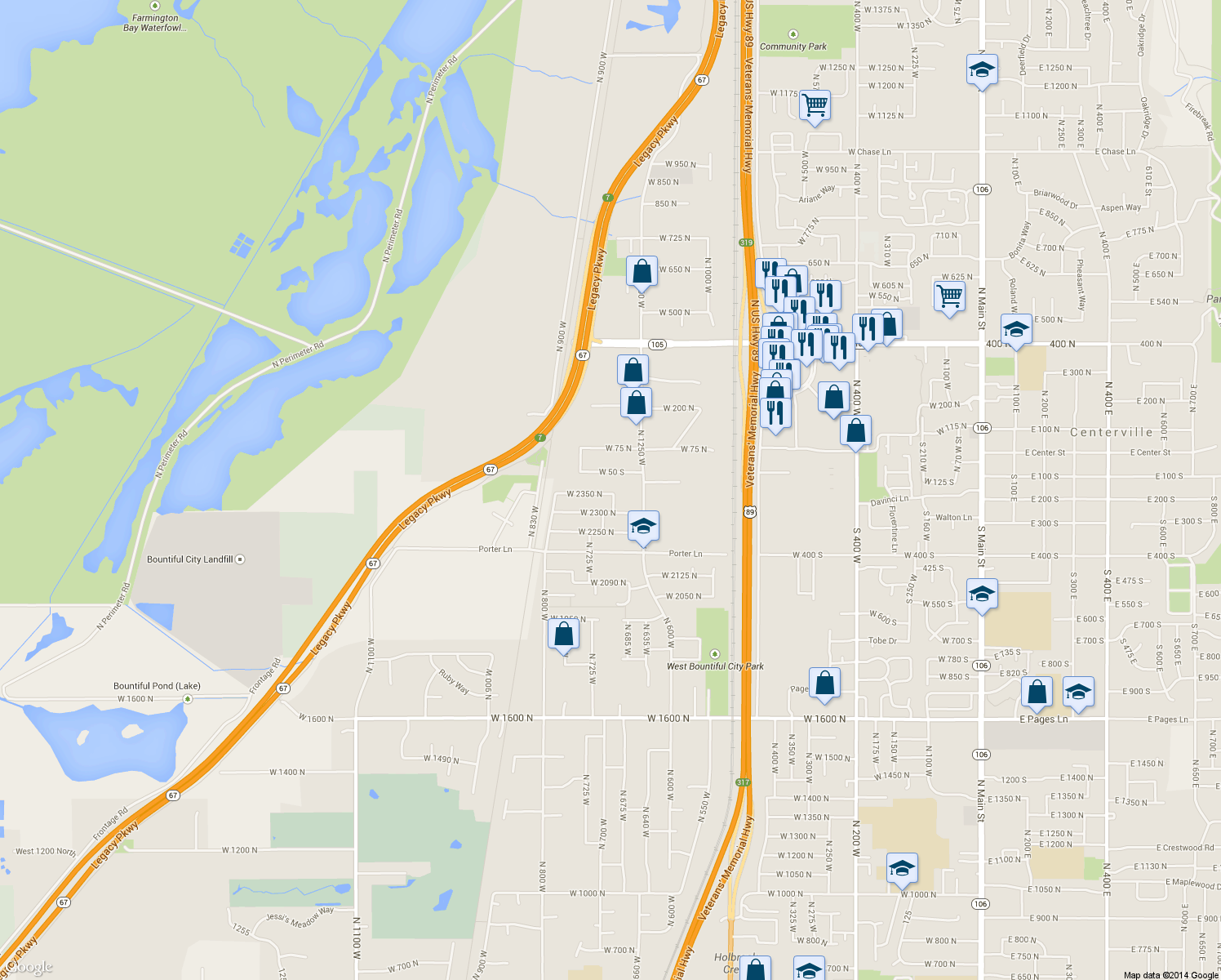 map of restaurants, bars, coffee shops, grocery stores, and more near 680 West 2350 North in West Bountiful