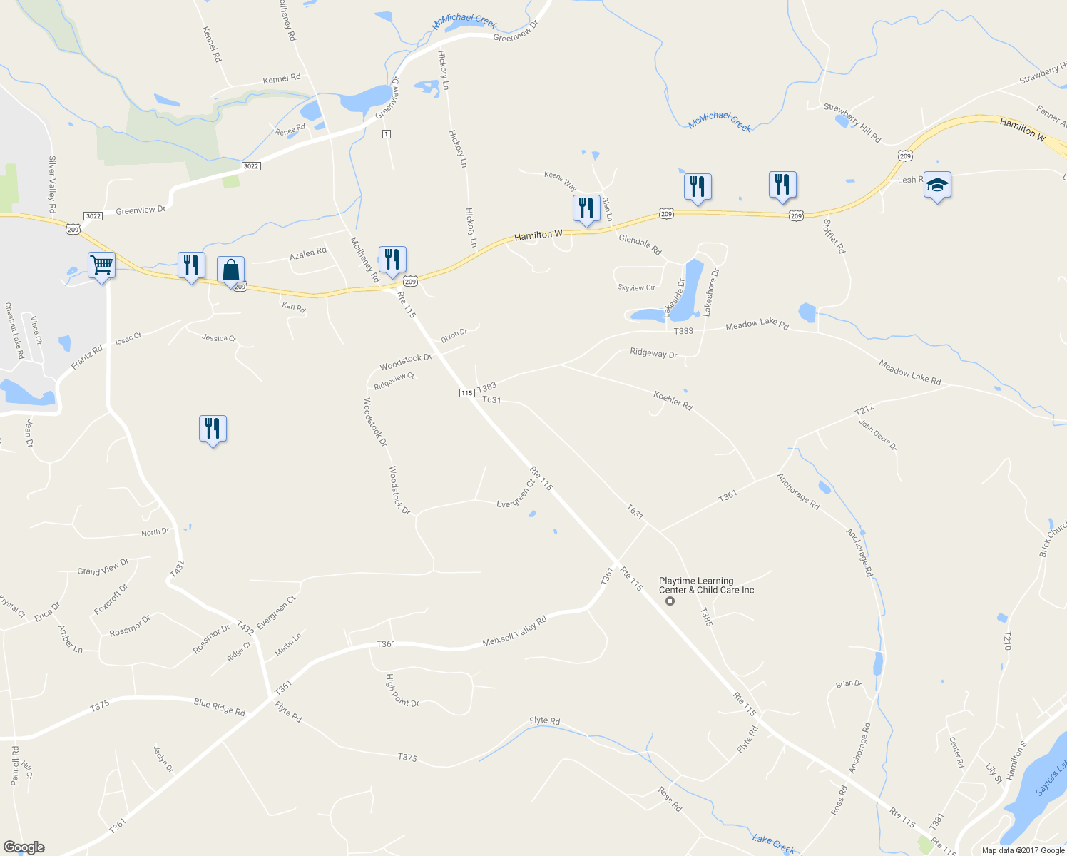 map of restaurants, bars, coffee shops, grocery stores, and more near 1745 Bonser Road in Saylorsburg