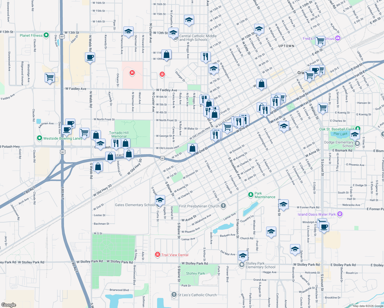 map of restaurants, bars, coffee shops, grocery stores, and more near 150 North Clay Street in Grand Island