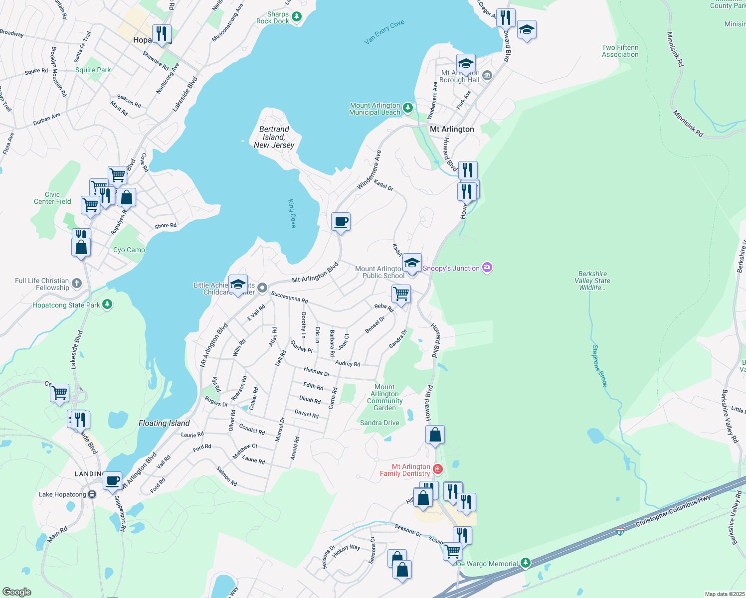 map of restaurants, bars, coffee shops, grocery stores, and more near 672 Succasunna Road in Mount Arlington