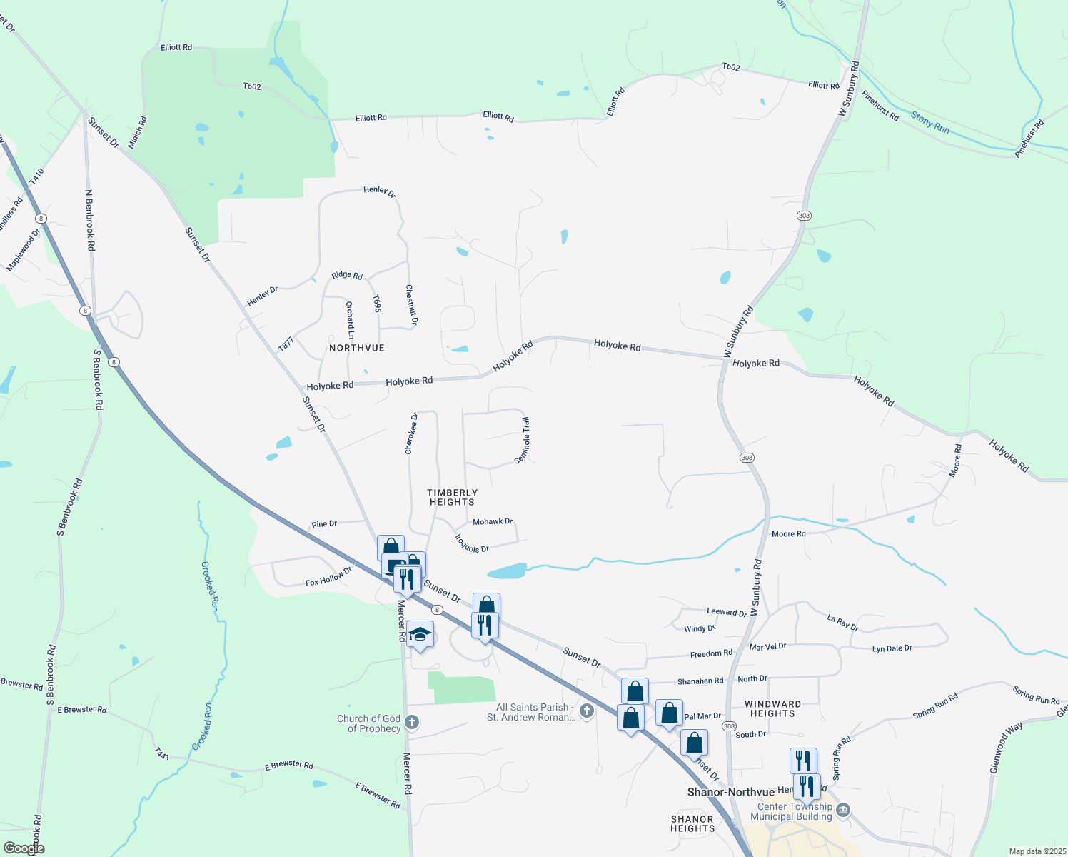map of restaurants, bars, coffee shops, grocery stores, and more near 202 Seminole Trail in Butler