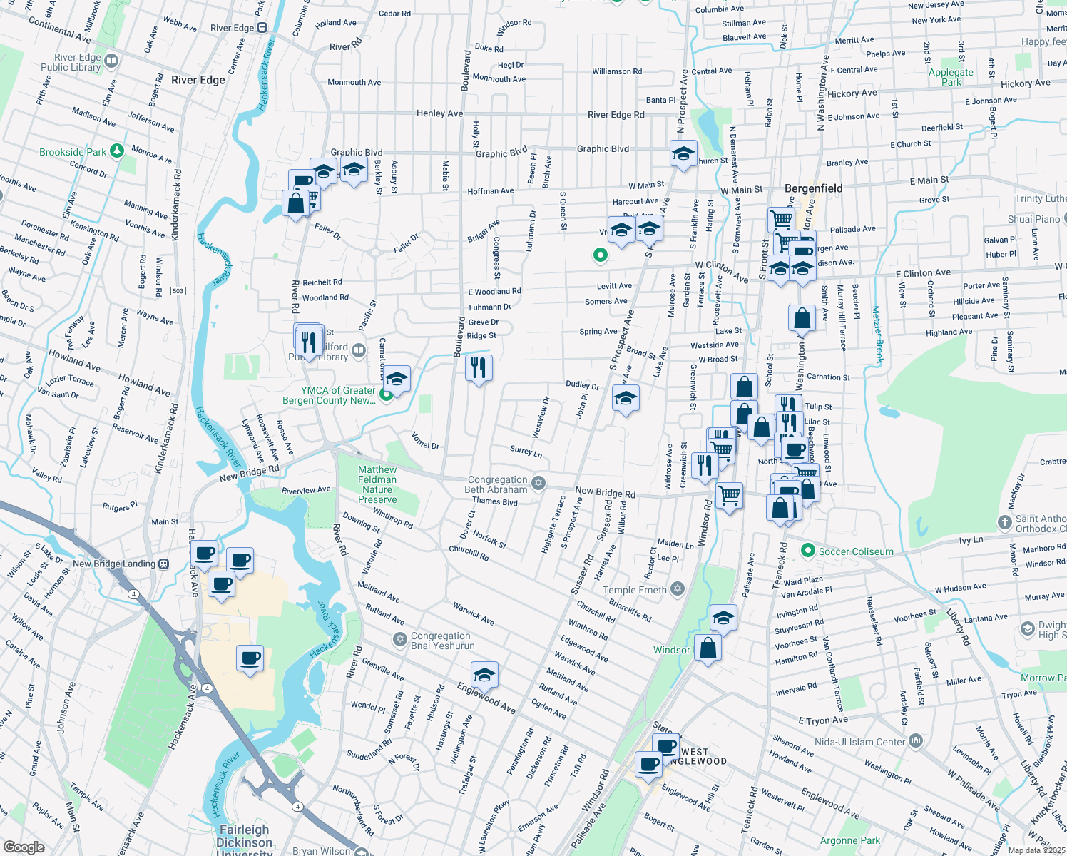 map of restaurants, bars, coffee shops, grocery stores, and more near 60 Westview Dr in Bergenfield