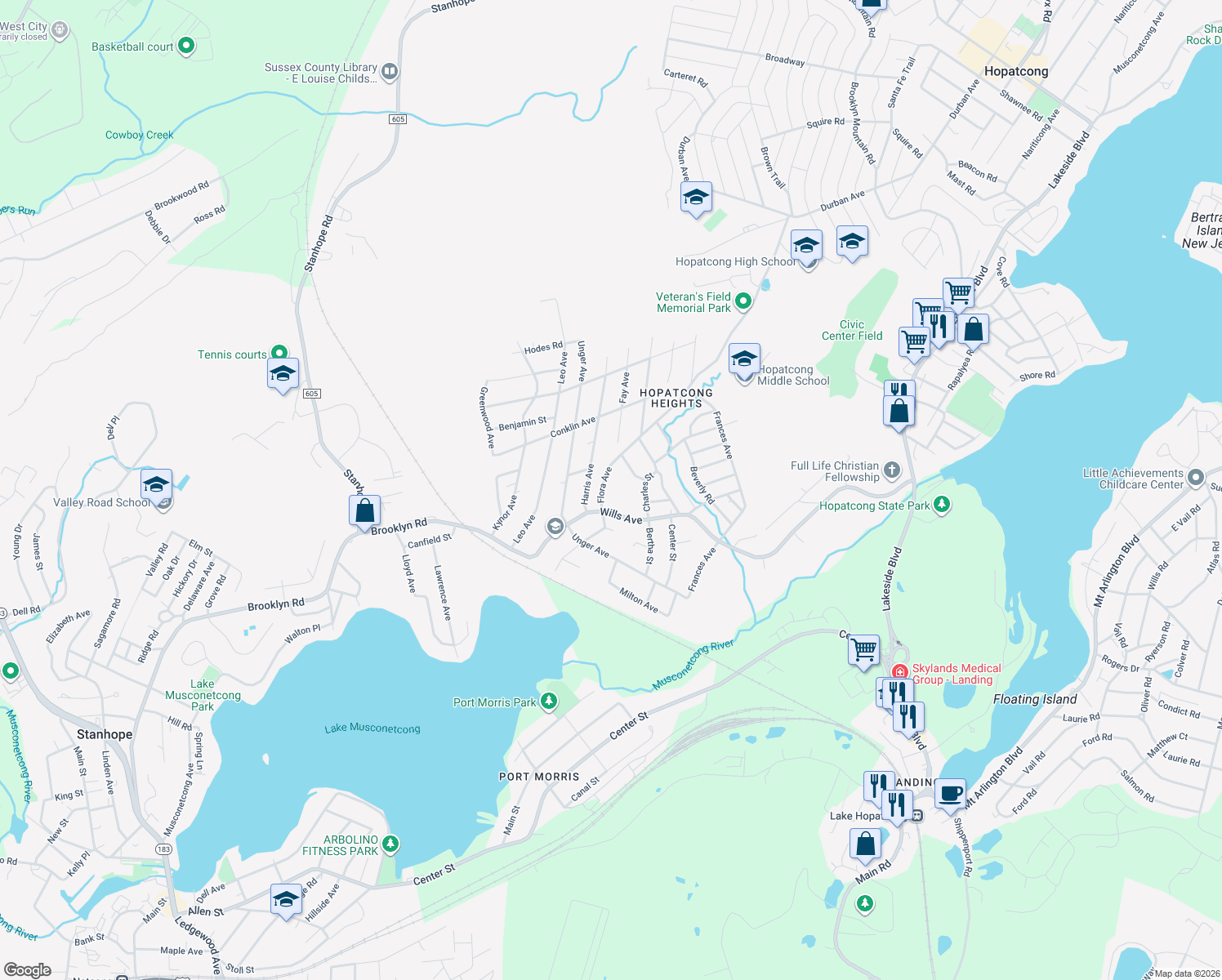 map of restaurants, bars, coffee shops, grocery stores, and more near 209 Flora Avenue in Stanhope