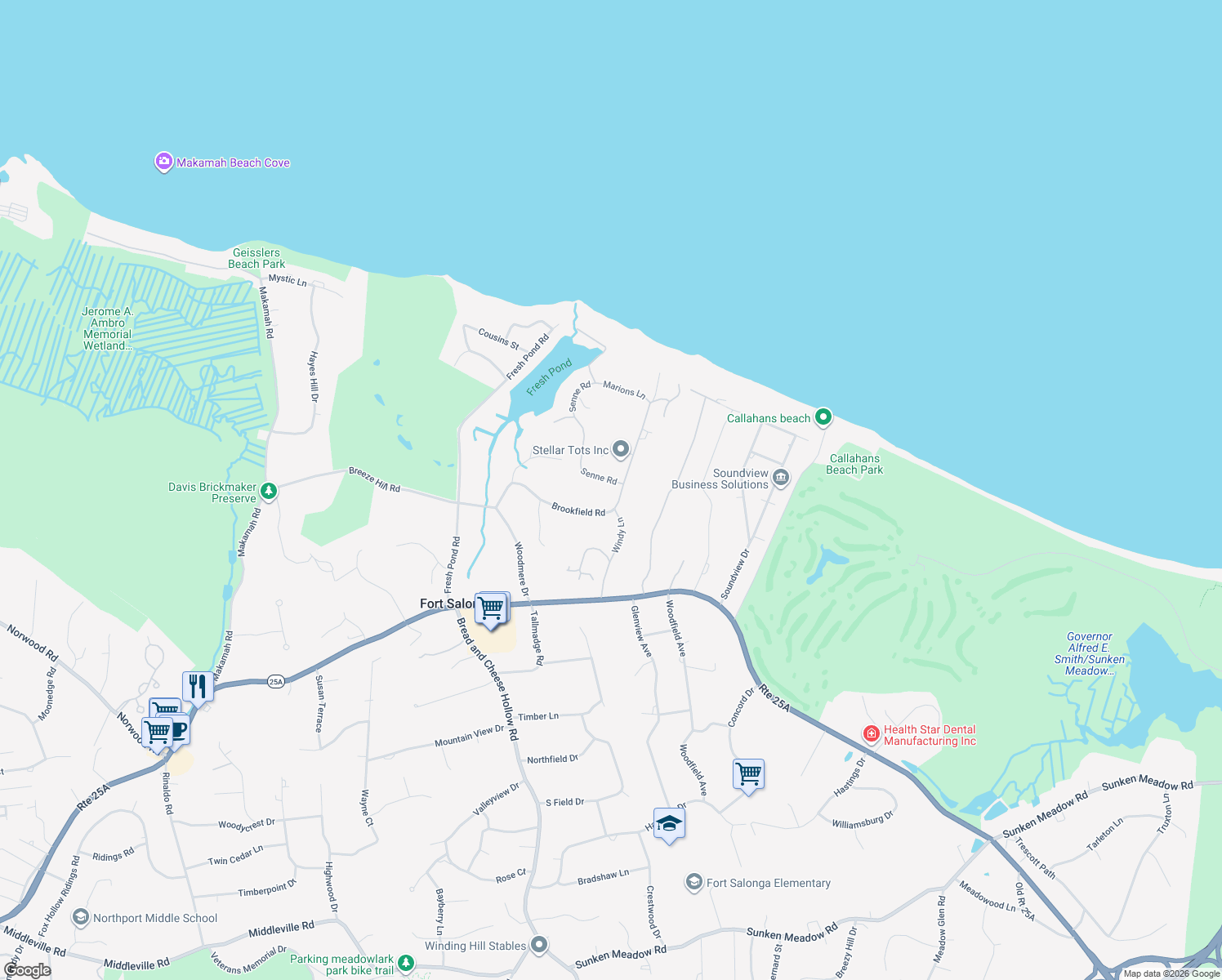 map of restaurants, bars, coffee shops, grocery stores, and more near 56 Senne Road in Northport