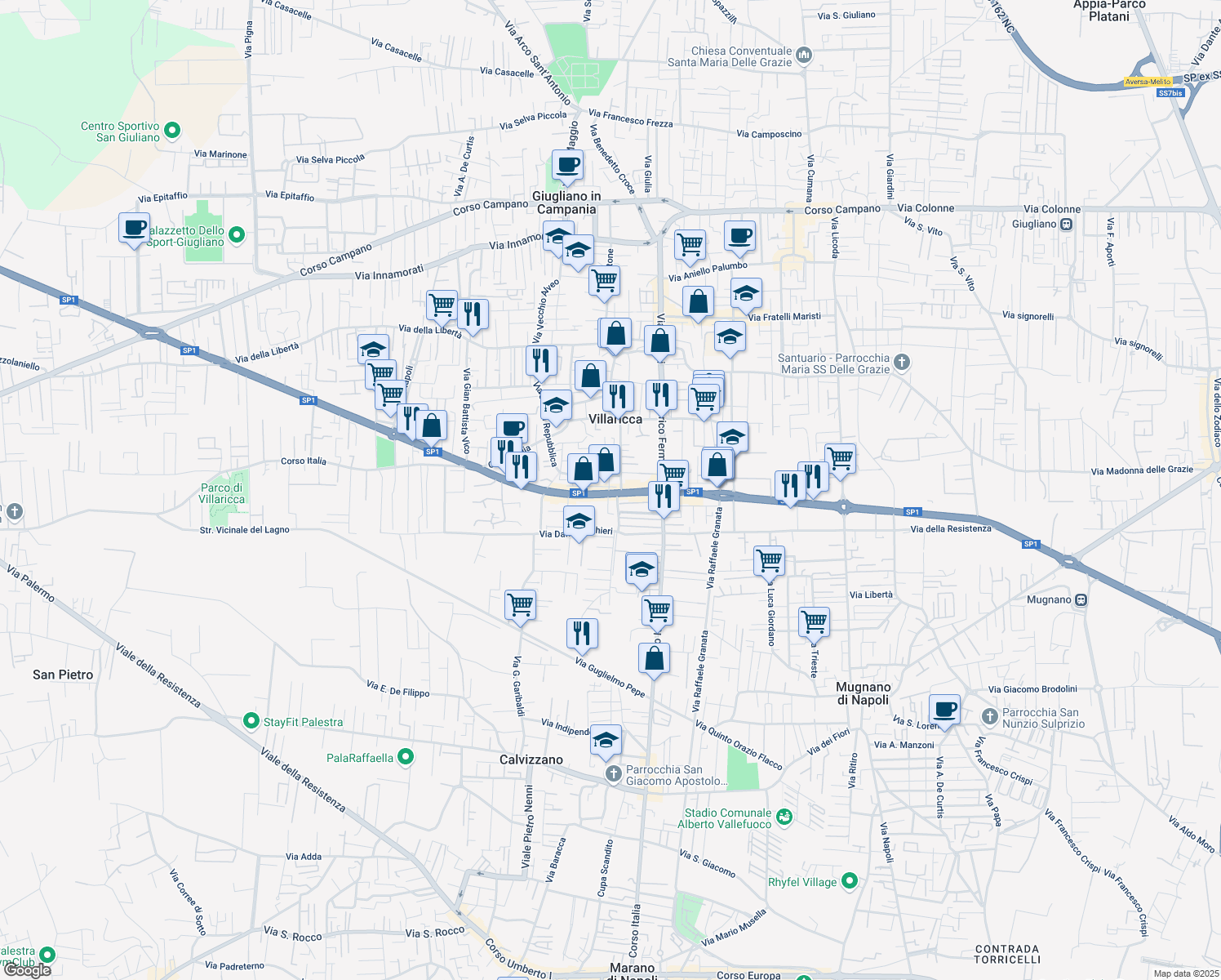 map of restaurants, bars, coffee shops, grocery stores, and more near 187 Corso Europa in Villaricca