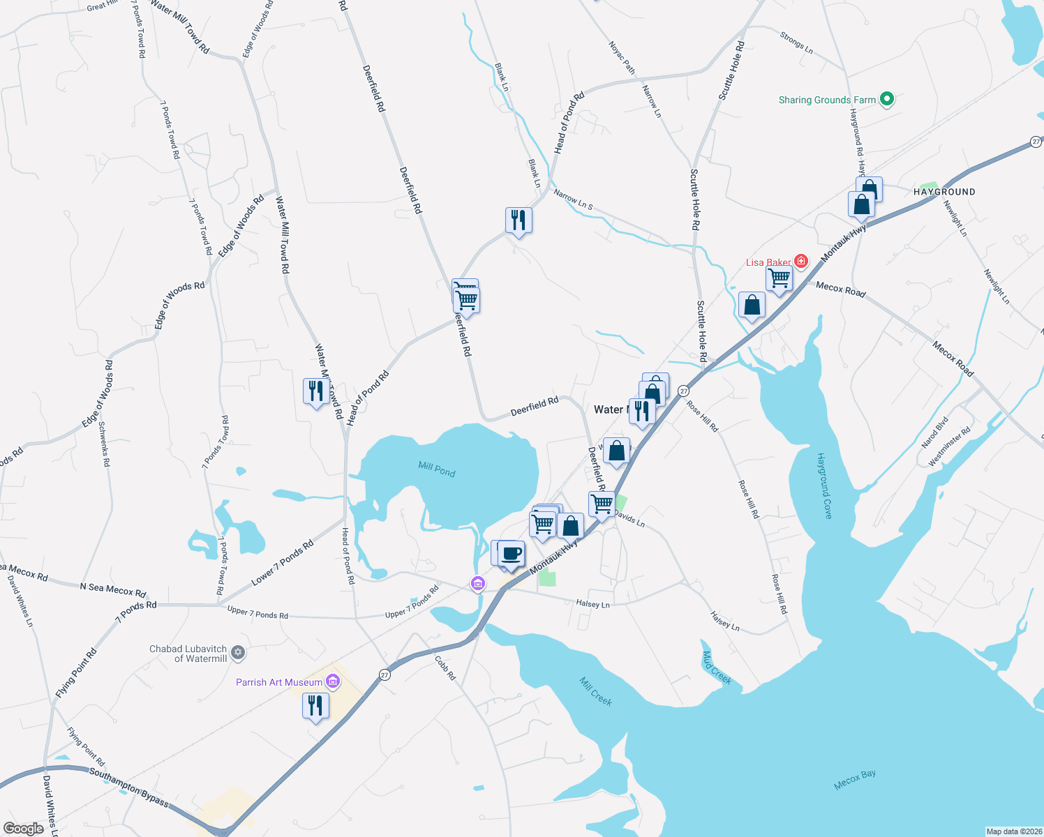 map of restaurants, bars, coffee shops, grocery stores, and more near 292 Deerfield Road in Water Mill