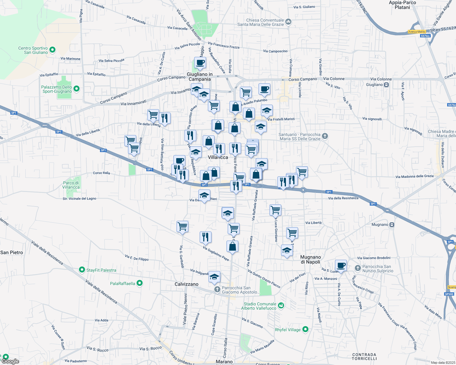 map of restaurants, bars, coffee shops, grocery stores, and more near 187 Corso Europa in Villaricca