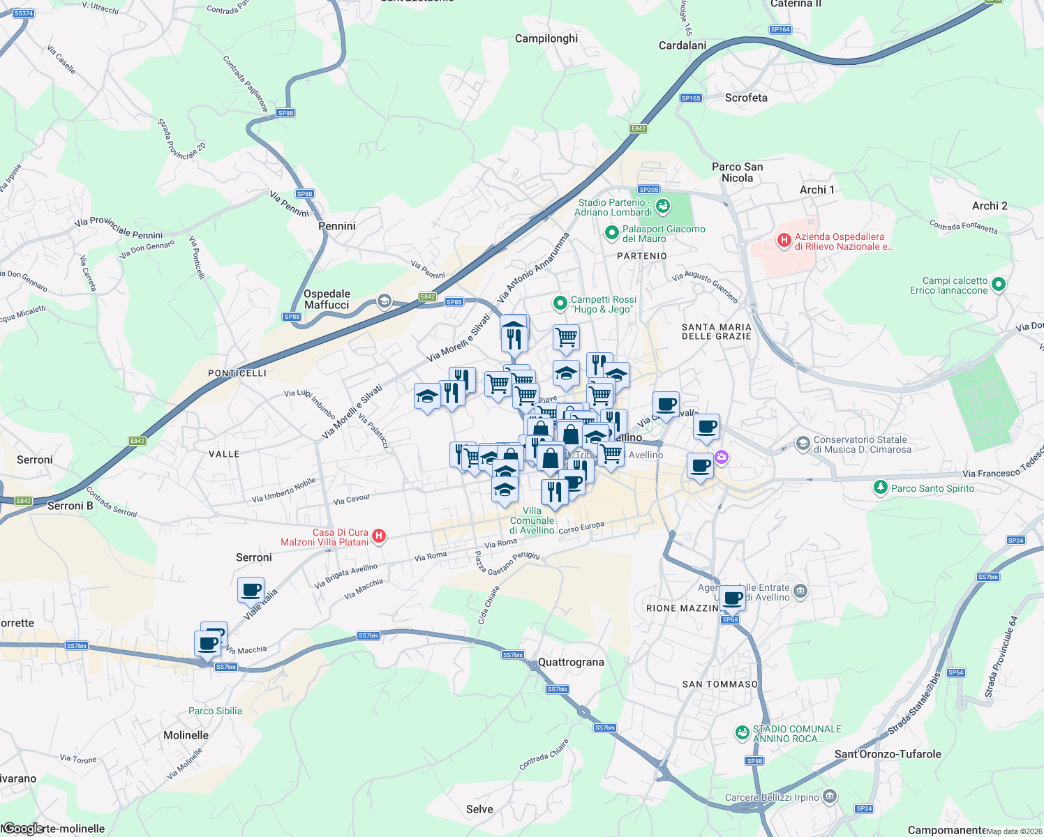 map of restaurants, bars, coffee shops, grocery stores, and more near 13 Via Tagliamento in Avellino