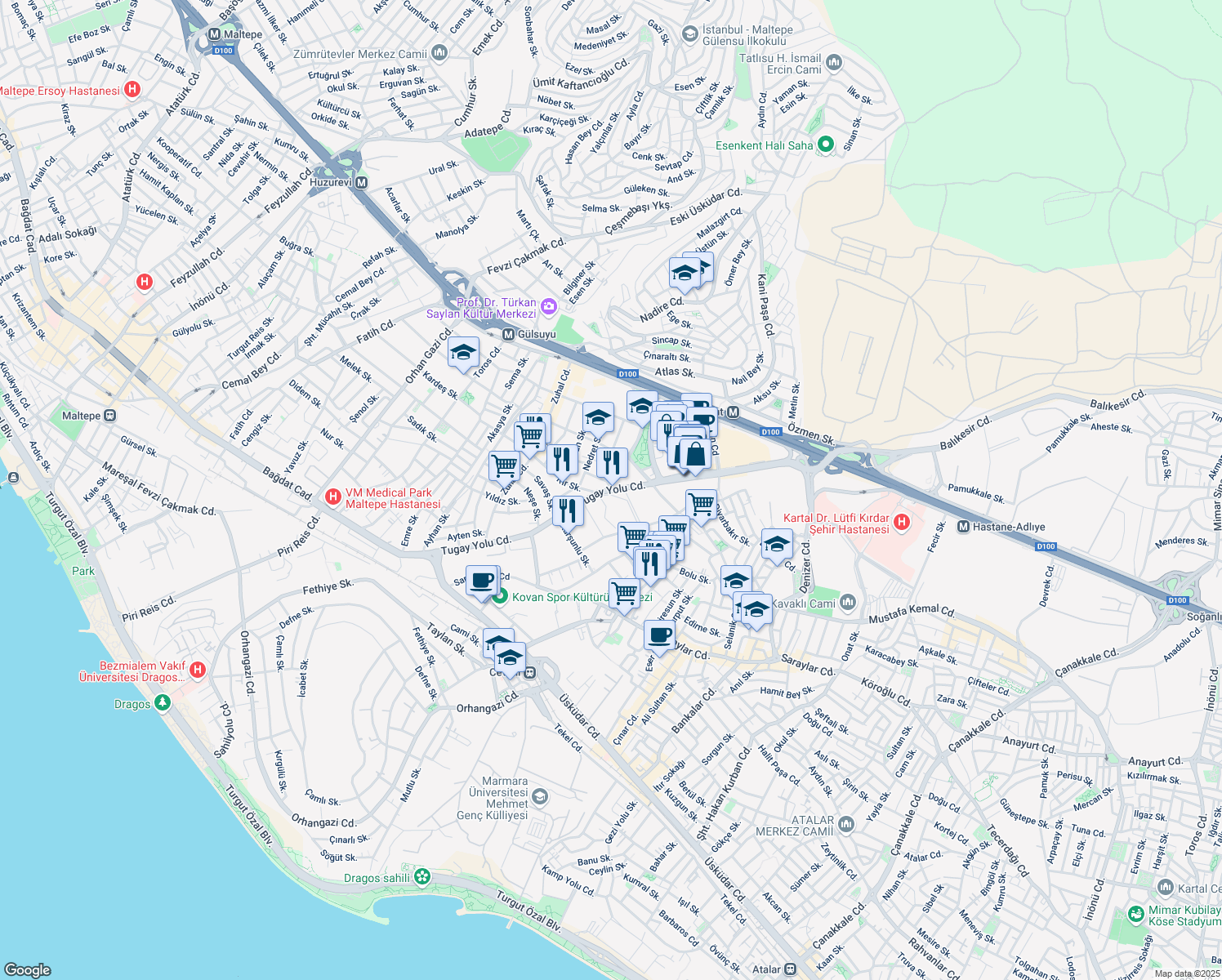 map of restaurants, bars, coffee shops, grocery stores, and more near Tugay Yolu Caddesi in Maltepe