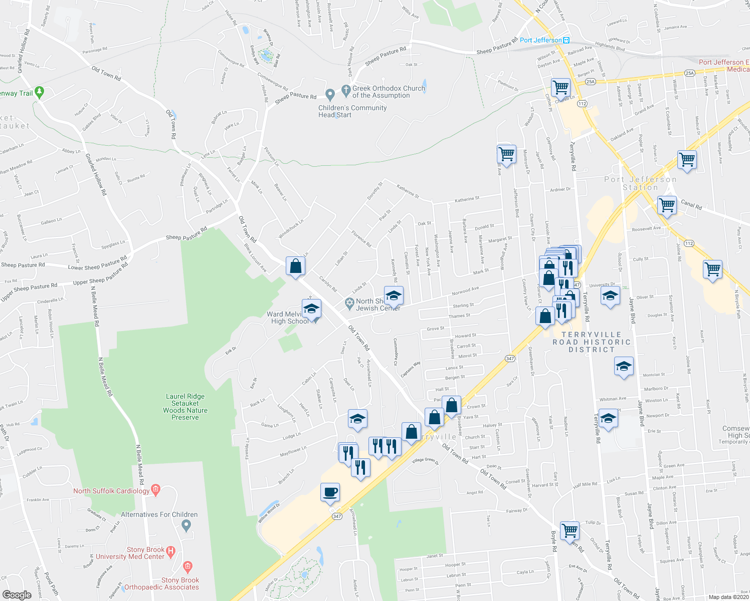 map of restaurants, bars, coffee shops, grocery stores, and more near 81 Sage Road in Port Jefferson Station