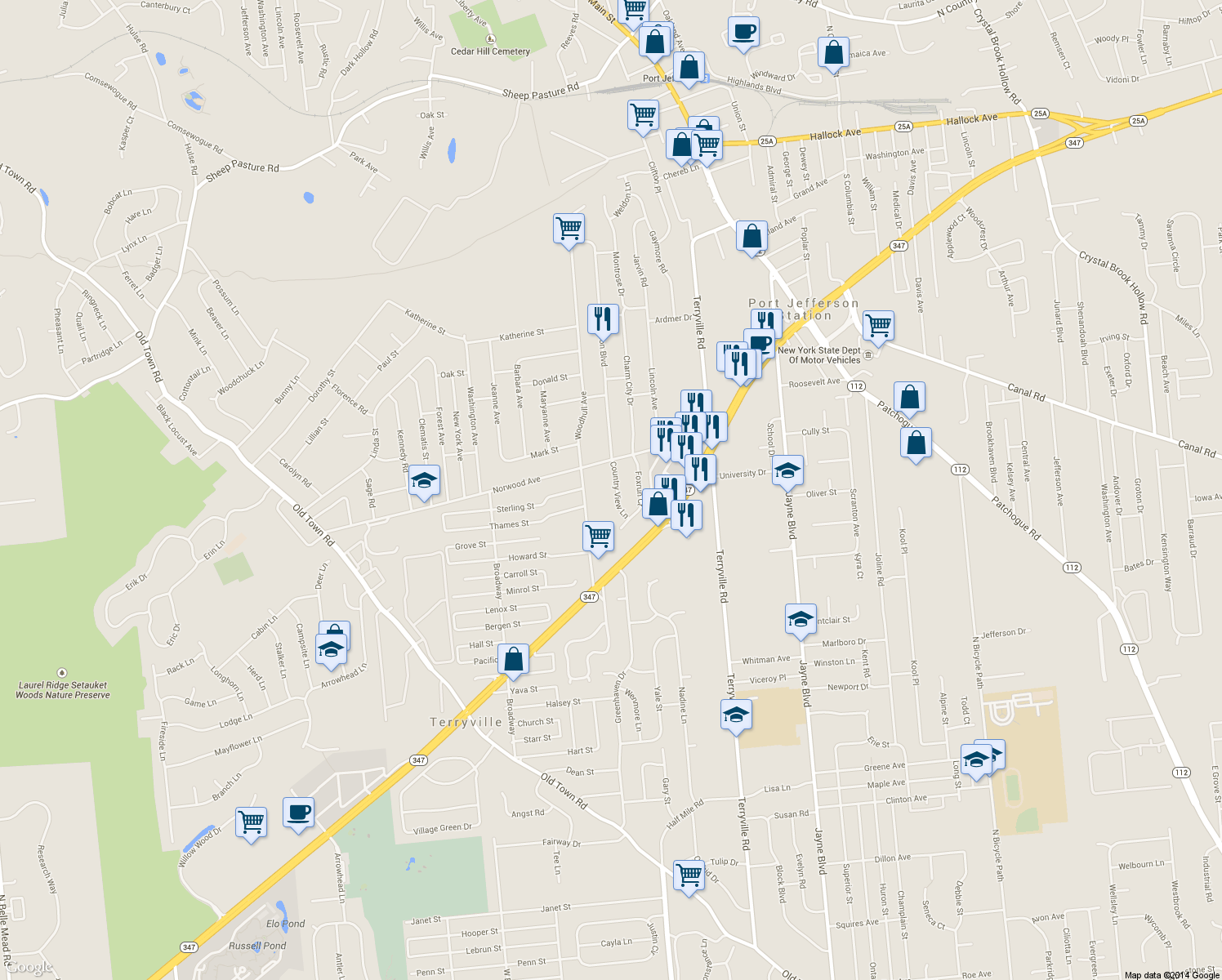 map of restaurants, bars, coffee shops, grocery stores, and more near 6 Country View Lane in Port Jefferson Station