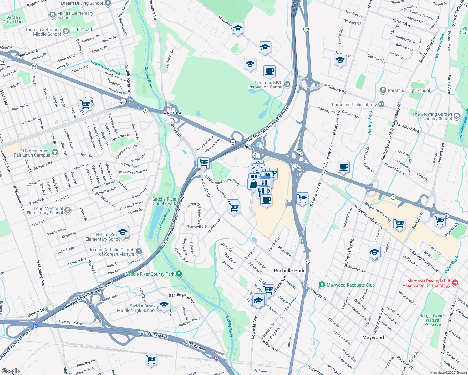 map of restaurants, bars, coffee shops, grocery stores, and more near 151 Arcola Avenue in Paramus
