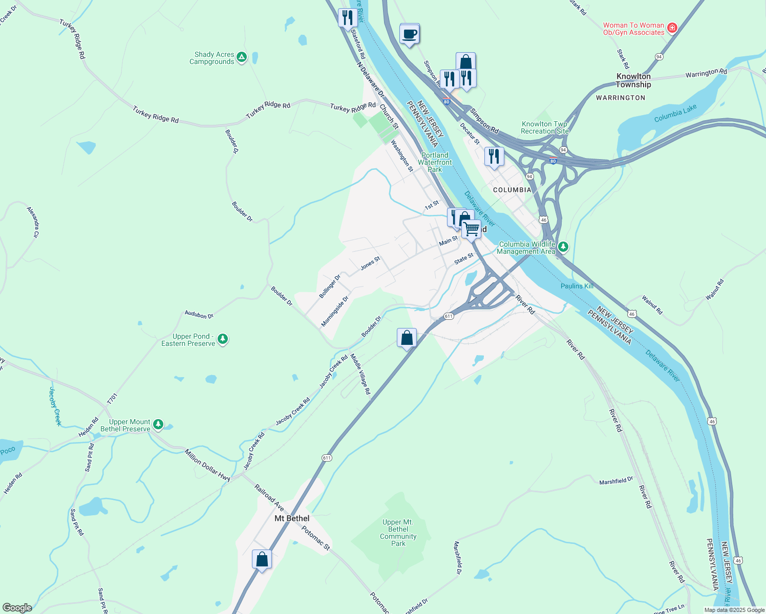 map of restaurants, bars, coffee shops, grocery stores, and more near 954 Boulder Drive in Mount Bethel