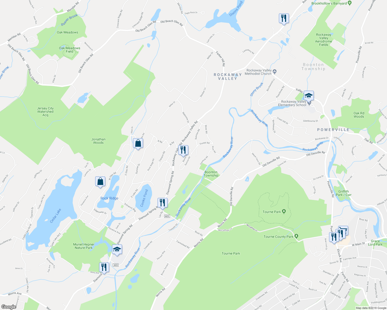 map of restaurants, bars, coffee shops, grocery stores, and more near 4 Rosewood Lane in Boonton Township