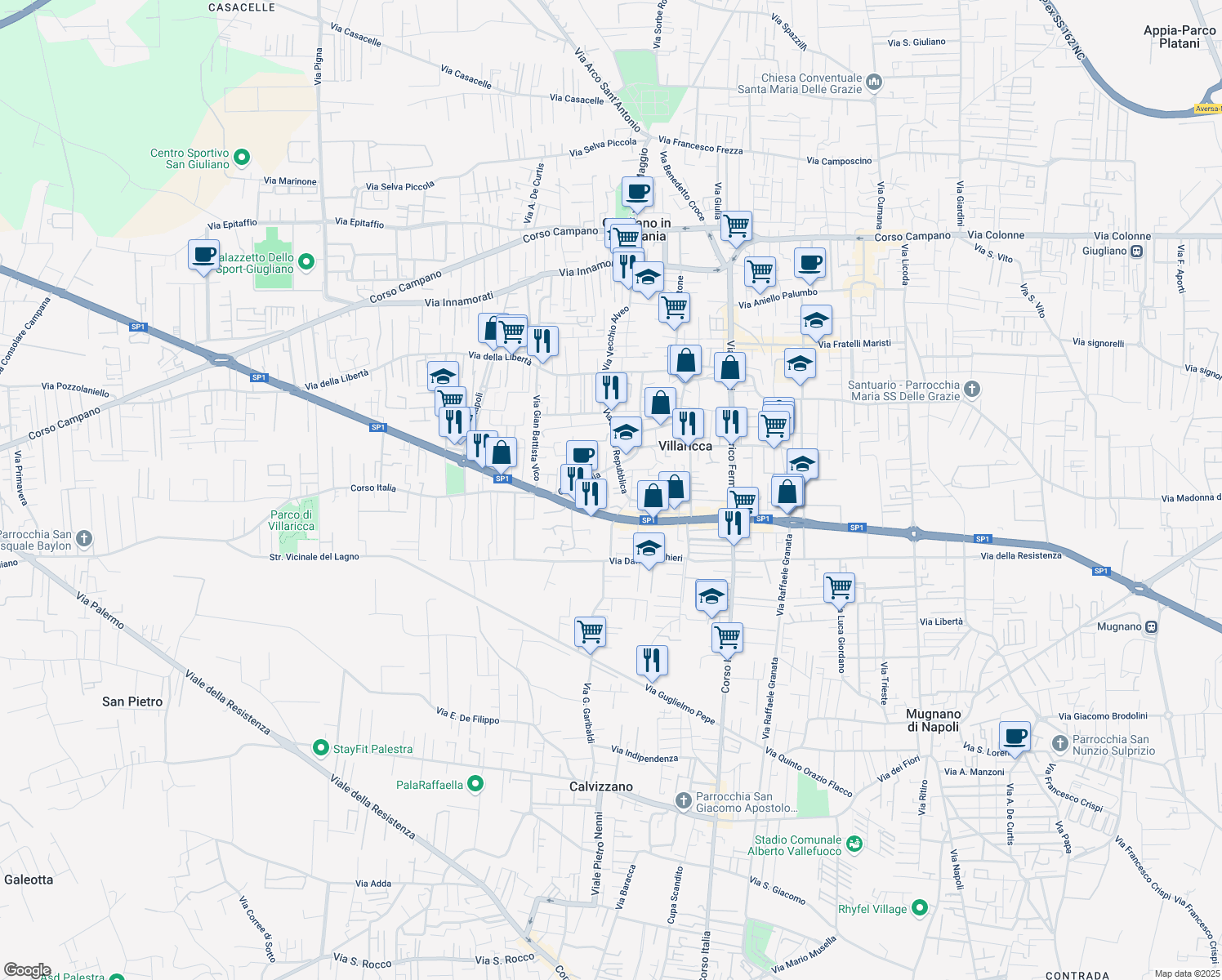 map of restaurants, bars, coffee shops, grocery stores, and more near 80 Corso Italia in Villaricca