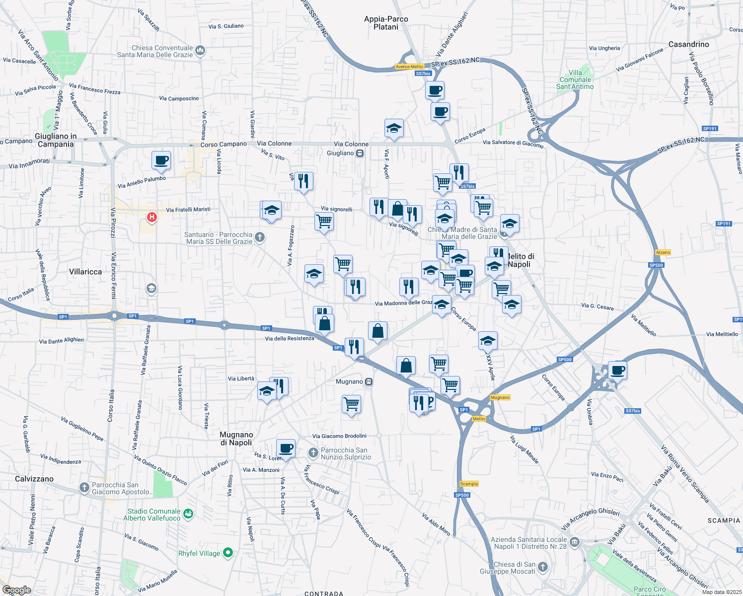 map of restaurants, bars, coffee shops, grocery stores, and more near 37 Via Ada Negri in Giugliano in Campania