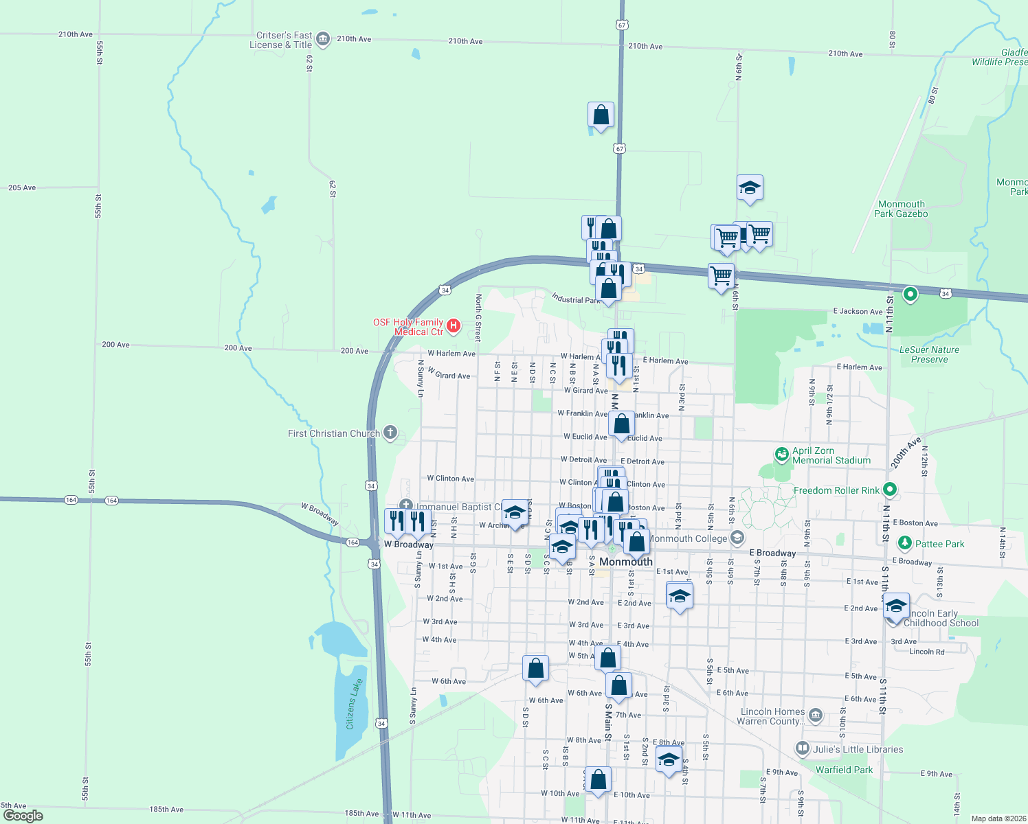 map of restaurants, bars, coffee shops, grocery stores, and more near 599 W Franklin Ave in Monmouth
