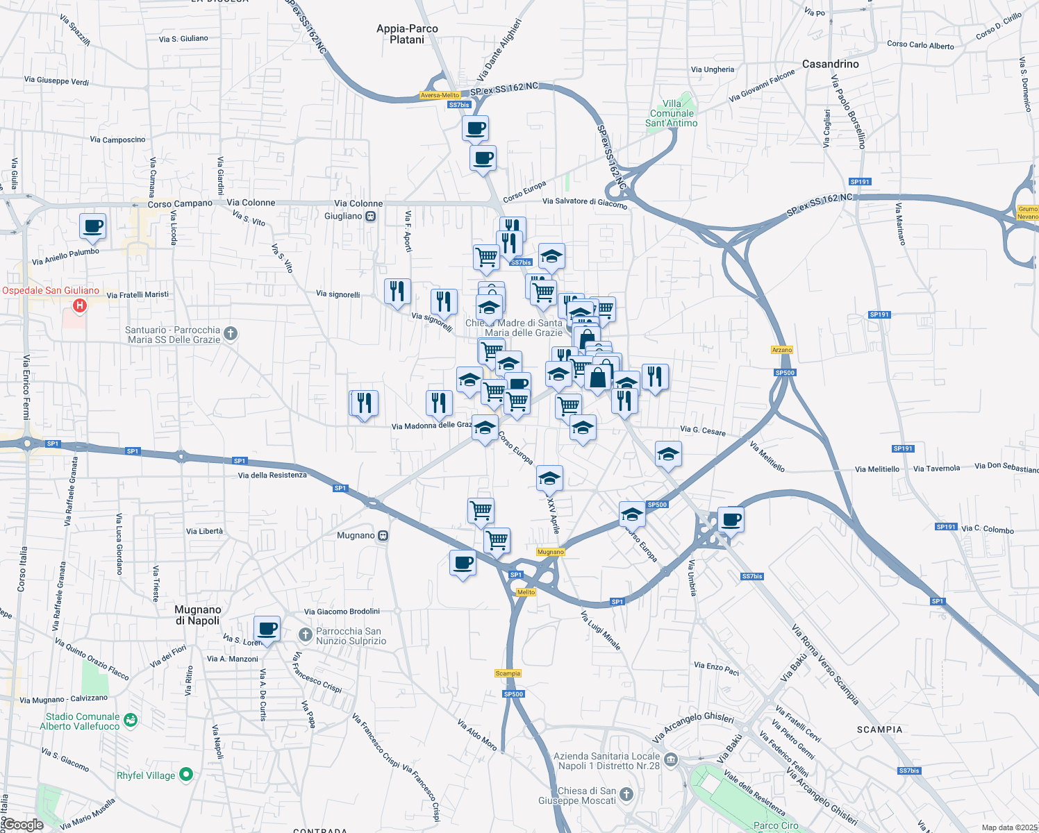 map of restaurants, bars, coffee shops, grocery stores, and more near Via Tiziano in Melito di Napoli