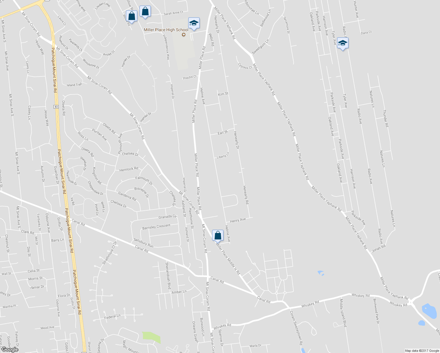 map of restaurants, bars, coffee shops, grocery stores, and more near 167 Helme Avenue in Miller Place