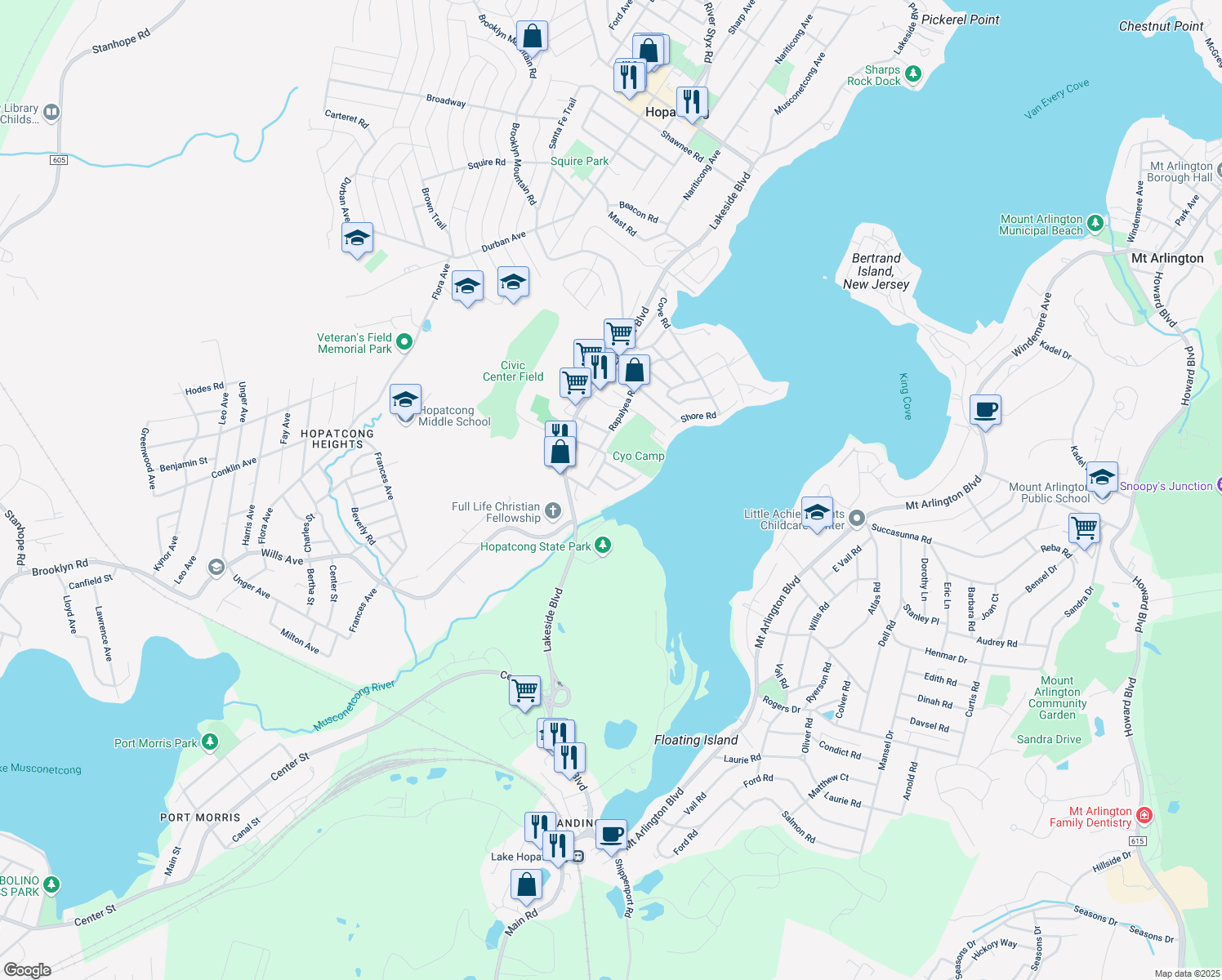 map of restaurants, bars, coffee shops, grocery stores, and more near 2 Randolph Ave in Hopatcong