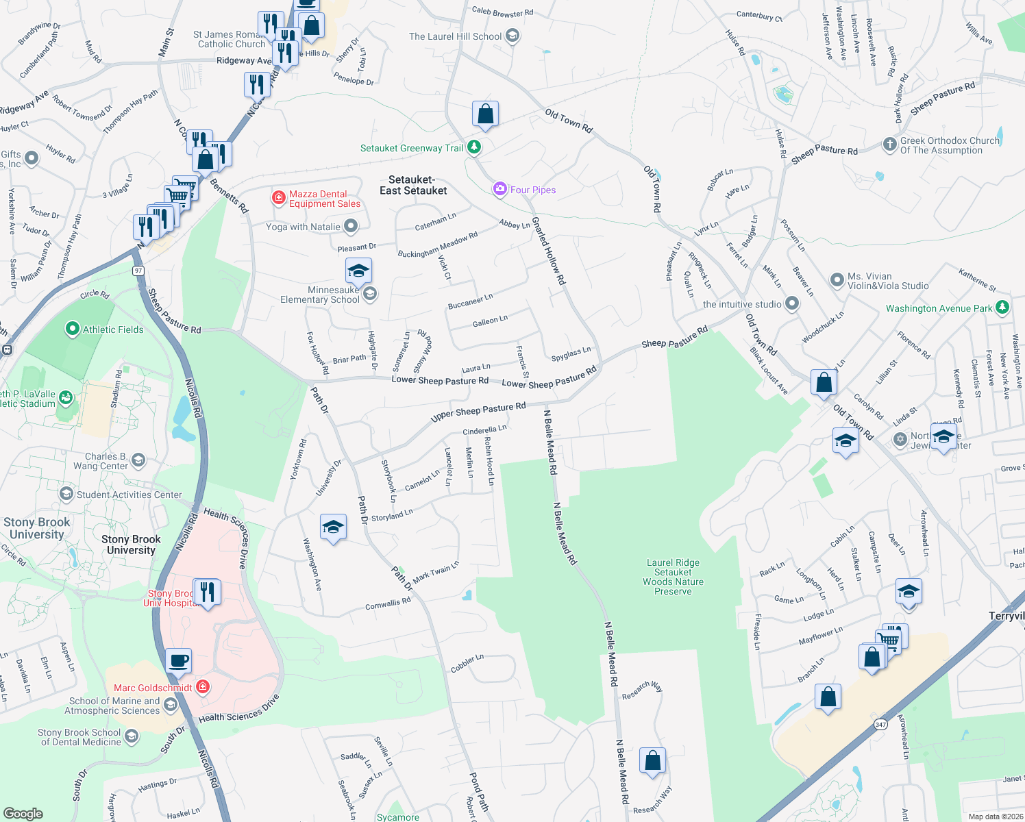 map of restaurants, bars, coffee shops, grocery stores, and more near 68 Upper Sheep Pasture Road in Setauket- East Setauket
