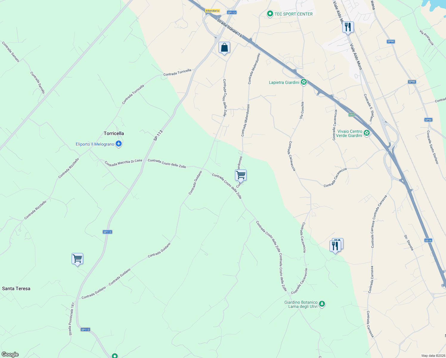 map of restaurants, bars, coffee shops, grocery stores, and more near 210 Contrada Cristo delle Zolle in Città Metropolitana di Bari