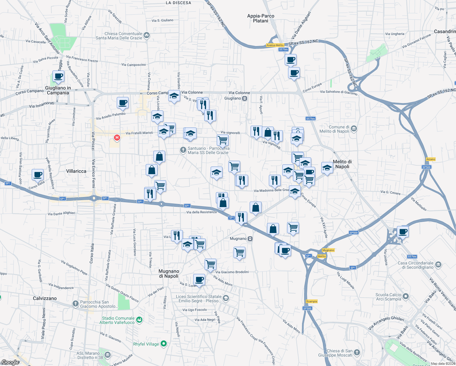 map of restaurants, bars, coffee shops, grocery stores, and more near Via Eduardo Scarfoglio in Naples