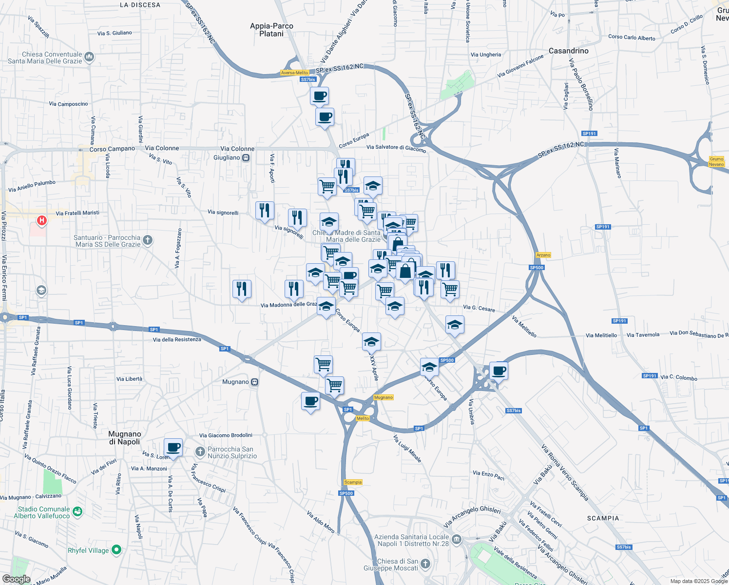 map of restaurants, bars, coffee shops, grocery stores, and more near Via Tiziano in Melito di Napoli