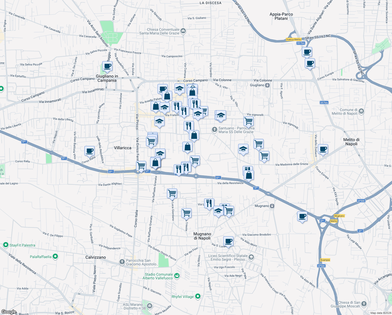map of restaurants, bars, coffee shops, grocery stores, and more near 42 Via Mugnano-Giugliano in Villaricca