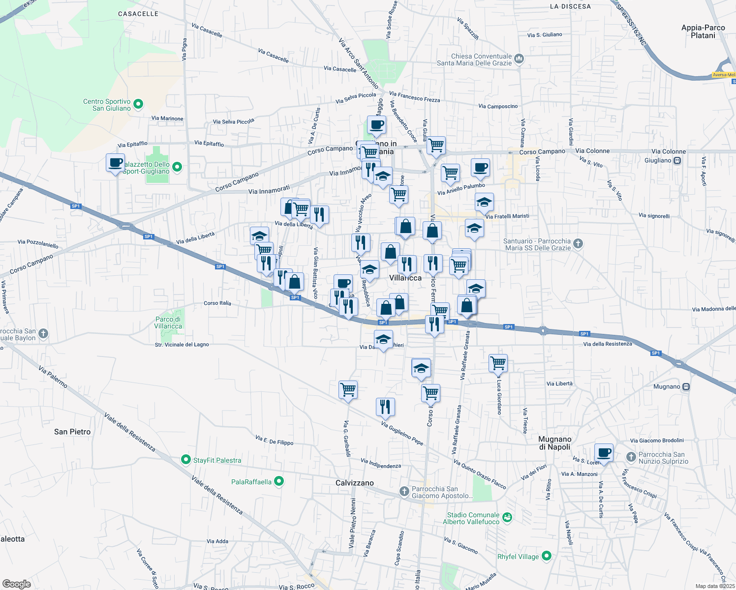 map of restaurants, bars, coffee shops, grocery stores, and more near 80 Corso Italia in Villaricca