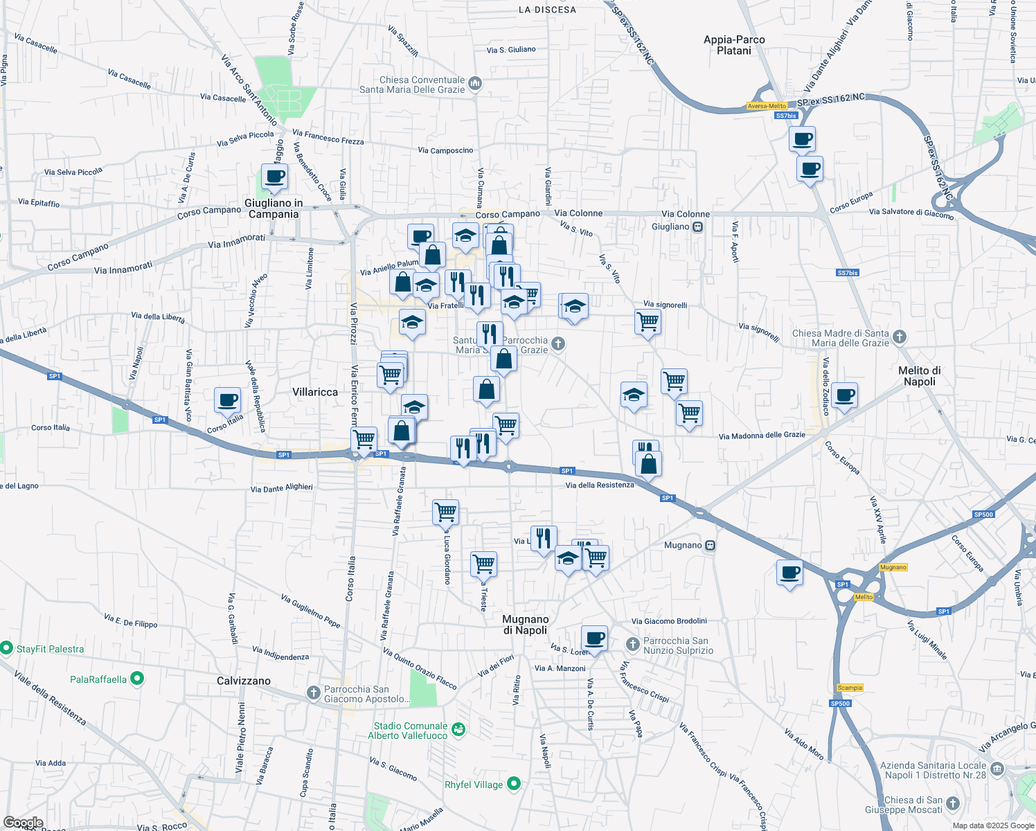 map of restaurants, bars, coffee shops, grocery stores, and more near 42 Via Mugnano-Giugliano in Villaricca
