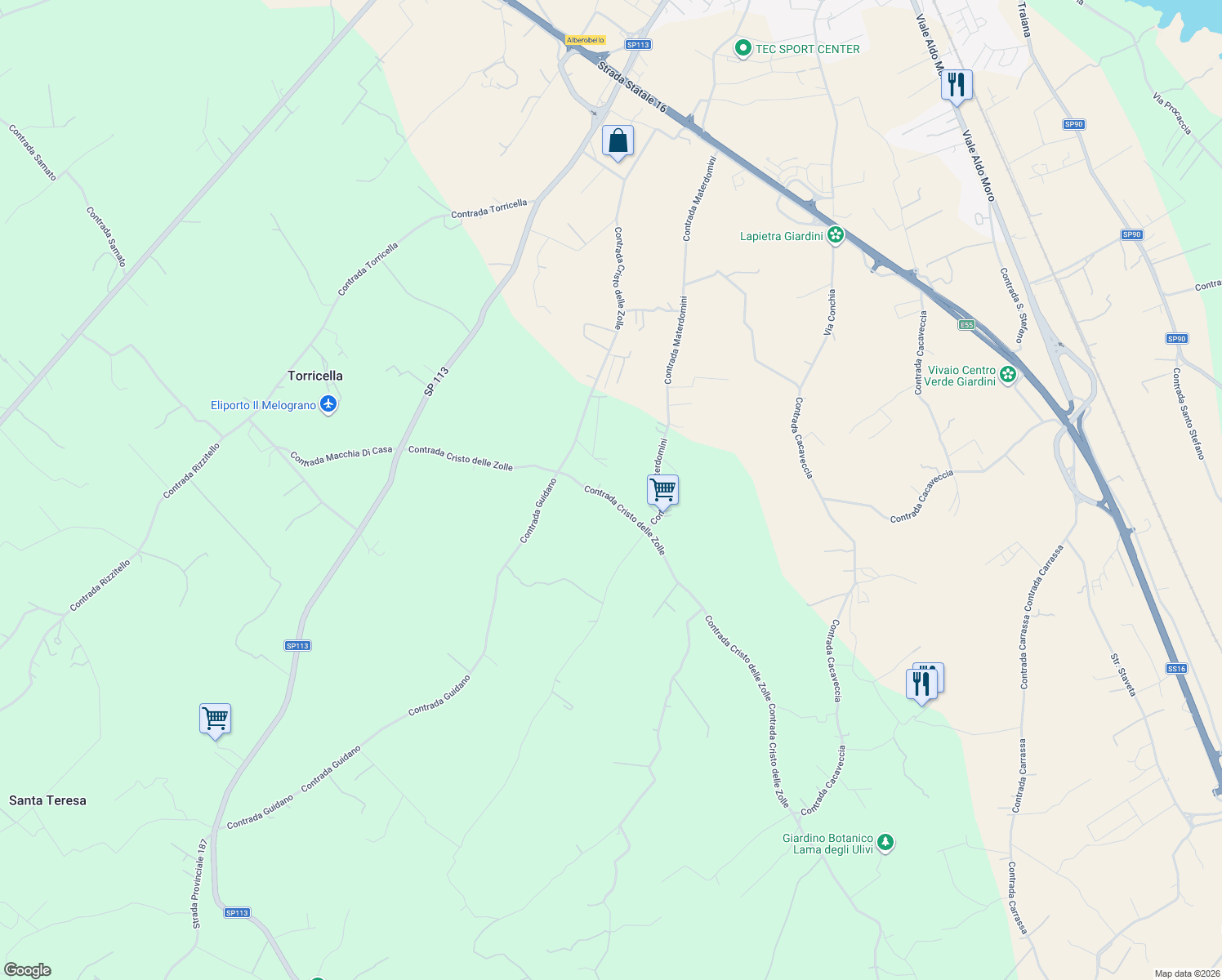 map of restaurants, bars, coffee shops, grocery stores, and more near 210 Contrada Cristo delle Zolle in Città Metropolitana di Bari