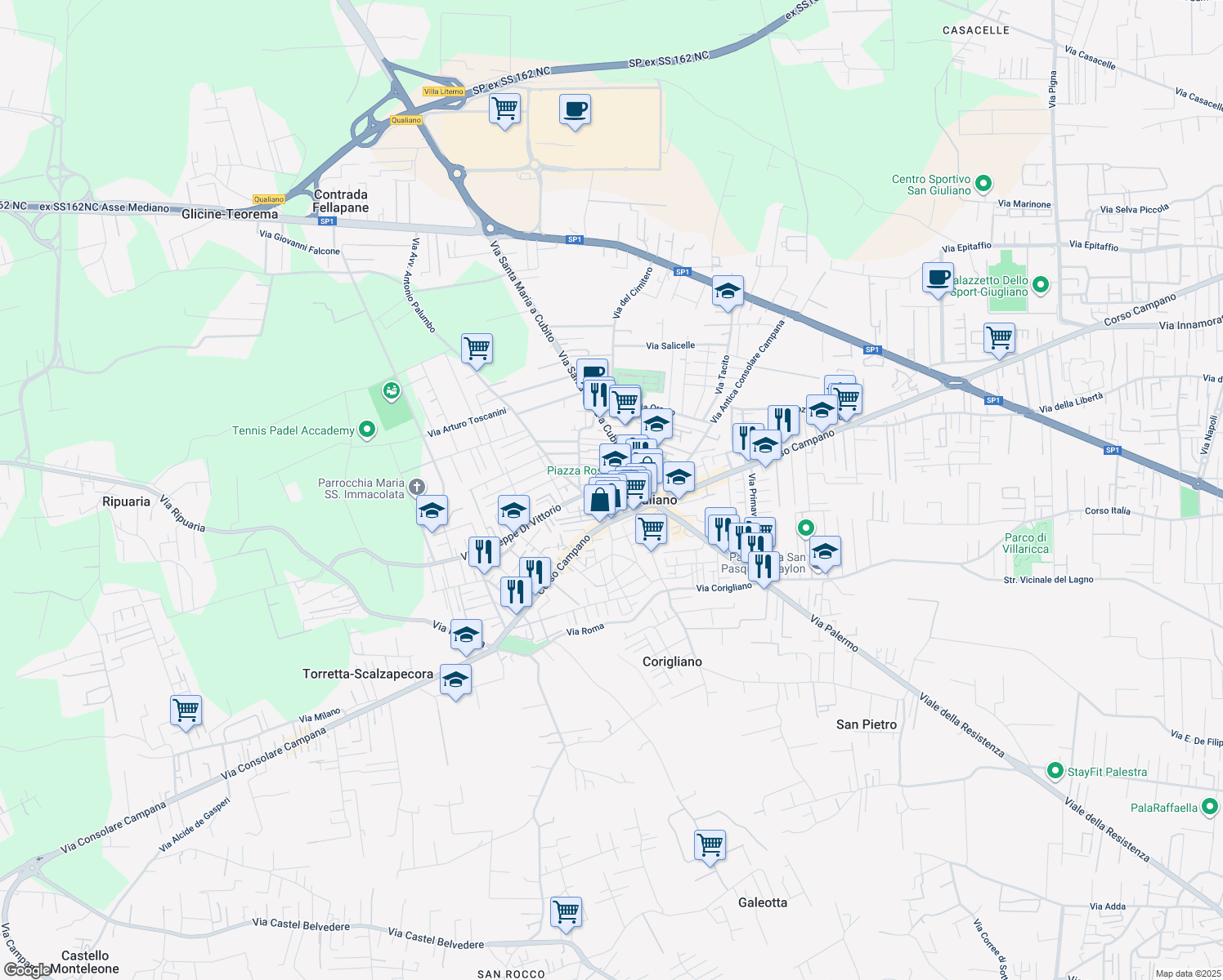 map of restaurants, bars, coffee shops, grocery stores, and more near 45 Via Fratelli Rosselli in Qualiano