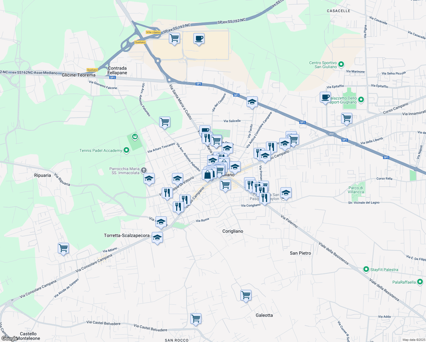 map of restaurants, bars, coffee shops, grocery stores, and more near 45 Via Fratelli Rosselli in Qualiano
