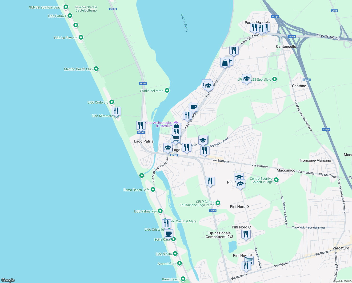 map of restaurants, bars, coffee shops, grocery stores, and more near 45 Via Lago Patria in Lago Patria