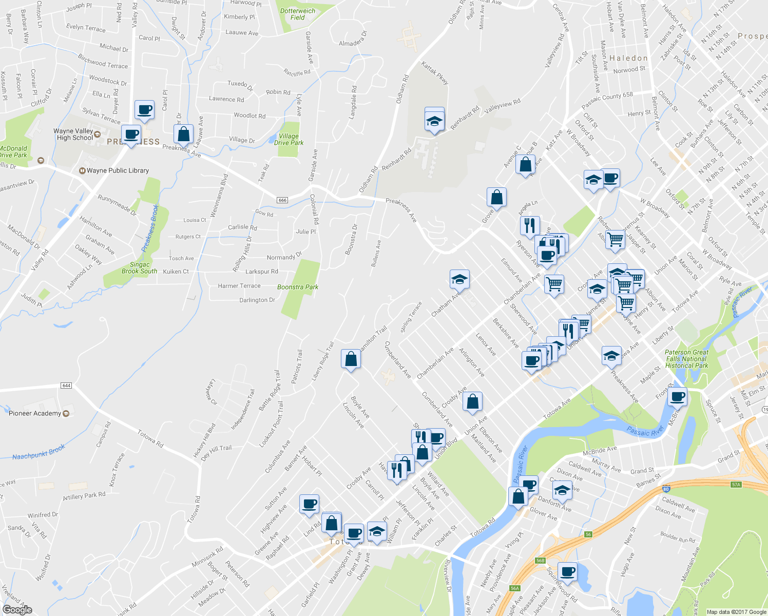 map of restaurants, bars, coffee shops, grocery stores, and more near 36 Huntington Terrace in Totowa