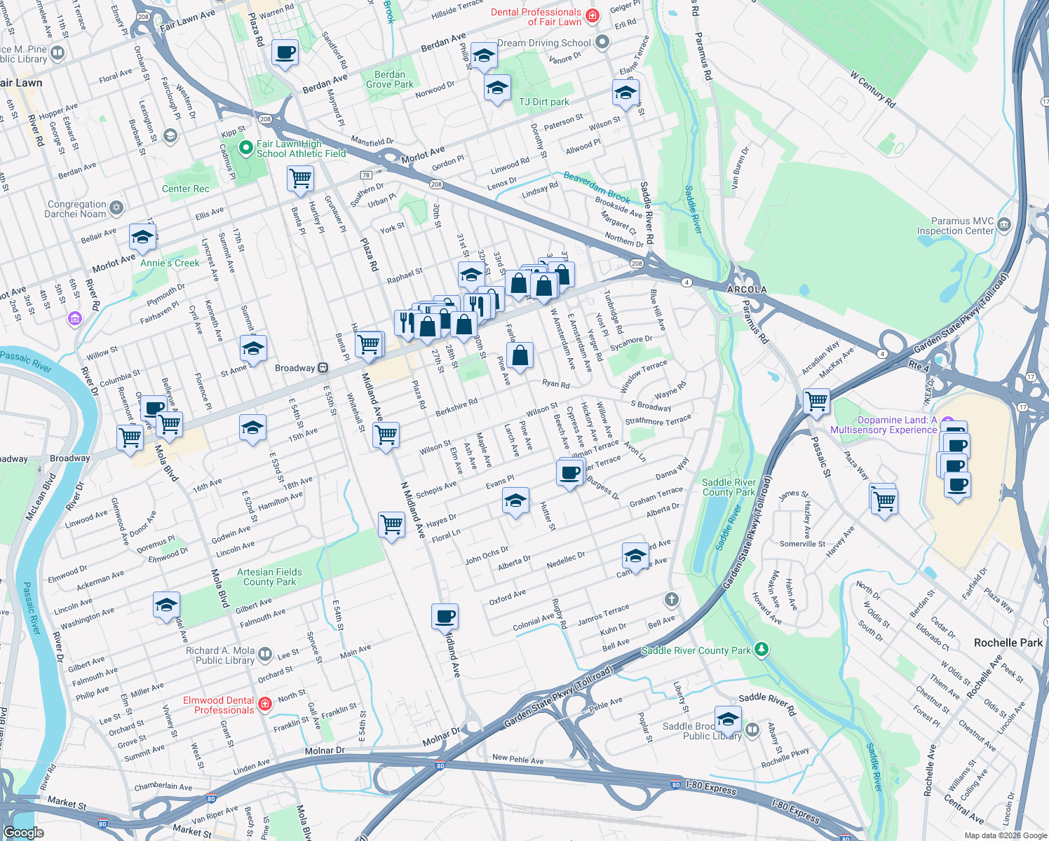 map of restaurants, bars, coffee shops, grocery stores, and more near 148 Wilson Street in Saddle Brook