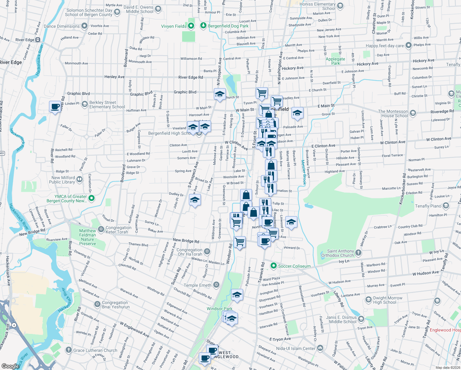 map of restaurants, bars, coffee shops, grocery stores, and more near 128 W Broad St in Bergenfield