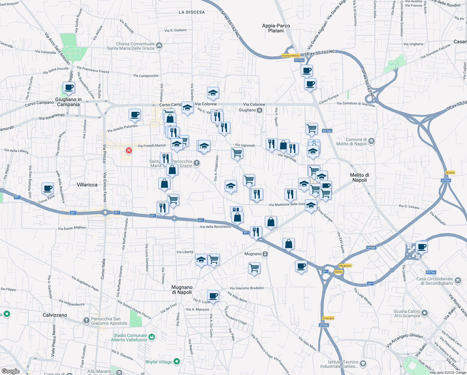 map of restaurants, bars, coffee shops, grocery stores, and more near 14 Via Ippolito Nievo in Giugliano in Campania