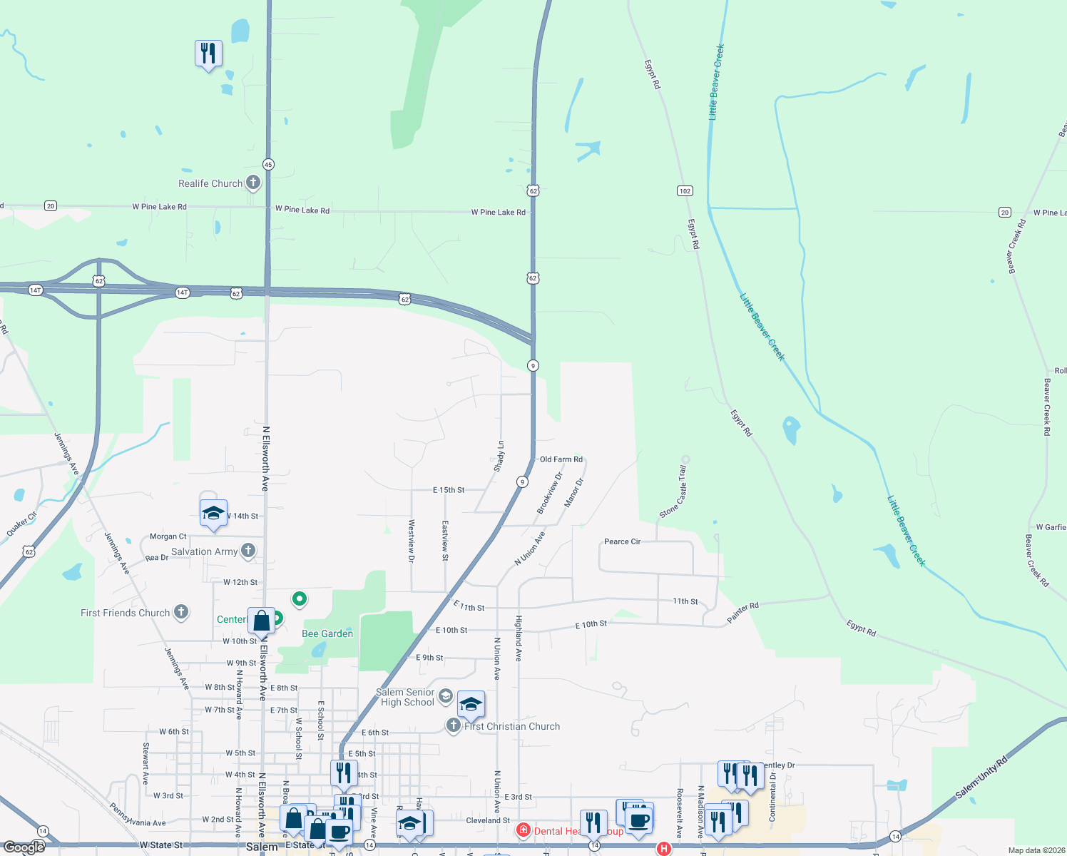 map of restaurants, bars, coffee shops, grocery stores, and more near 1696 North Lincoln Avenue in Salem