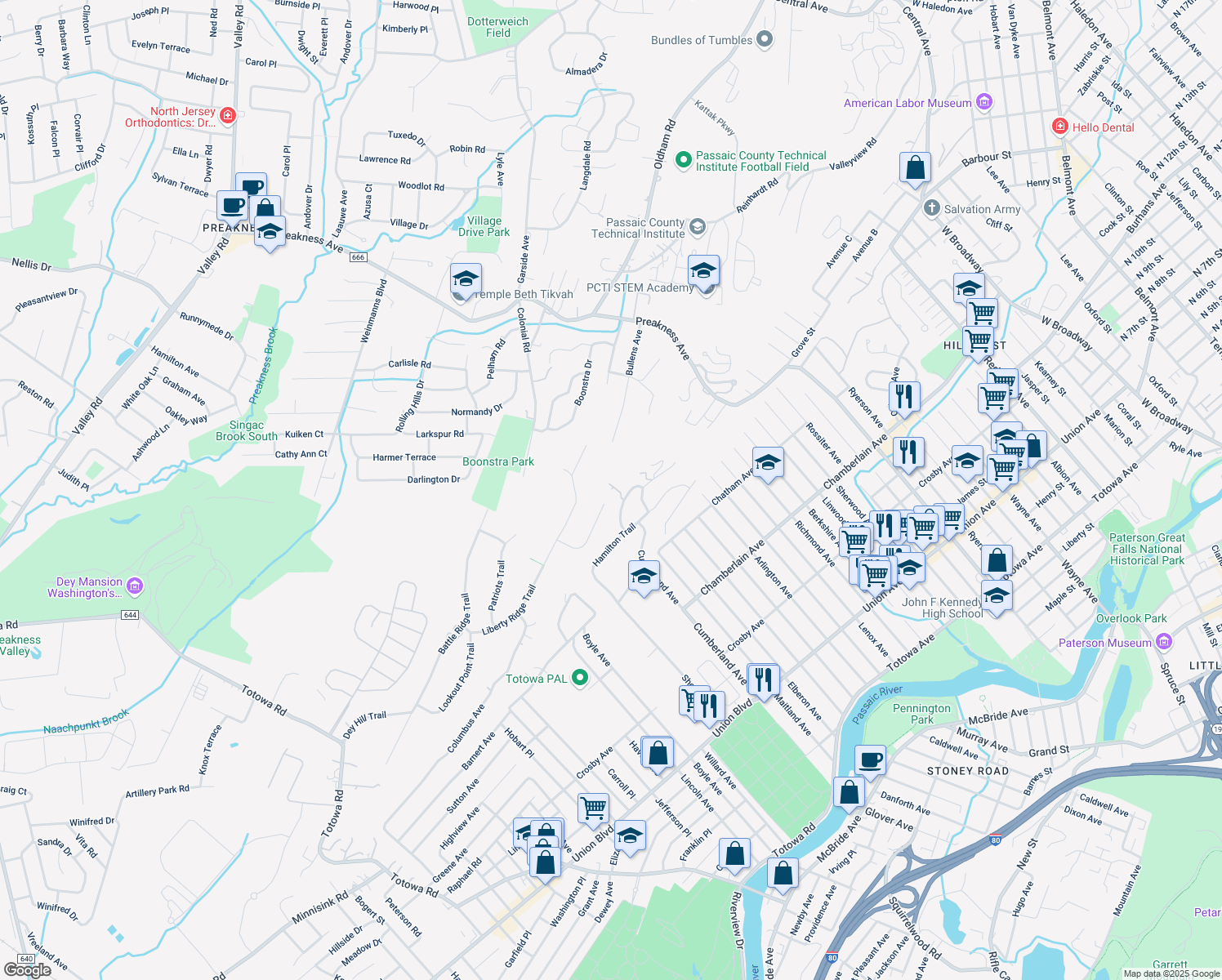 map of restaurants, bars, coffee shops, grocery stores, and more near 29 Huntington Terrace in Totowa